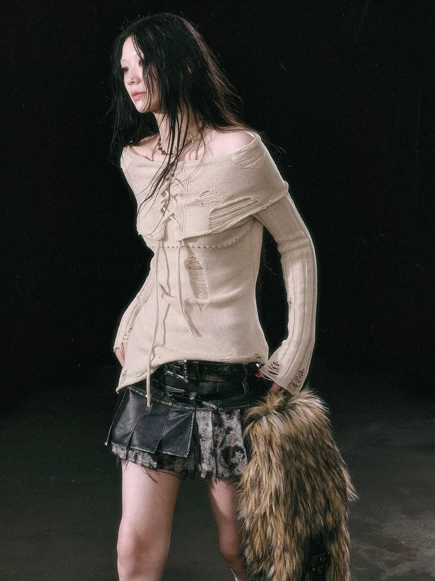 Chinese Clothing Cest Nous Update Asymmetrical Hollow Knit Turtleneck Sweater