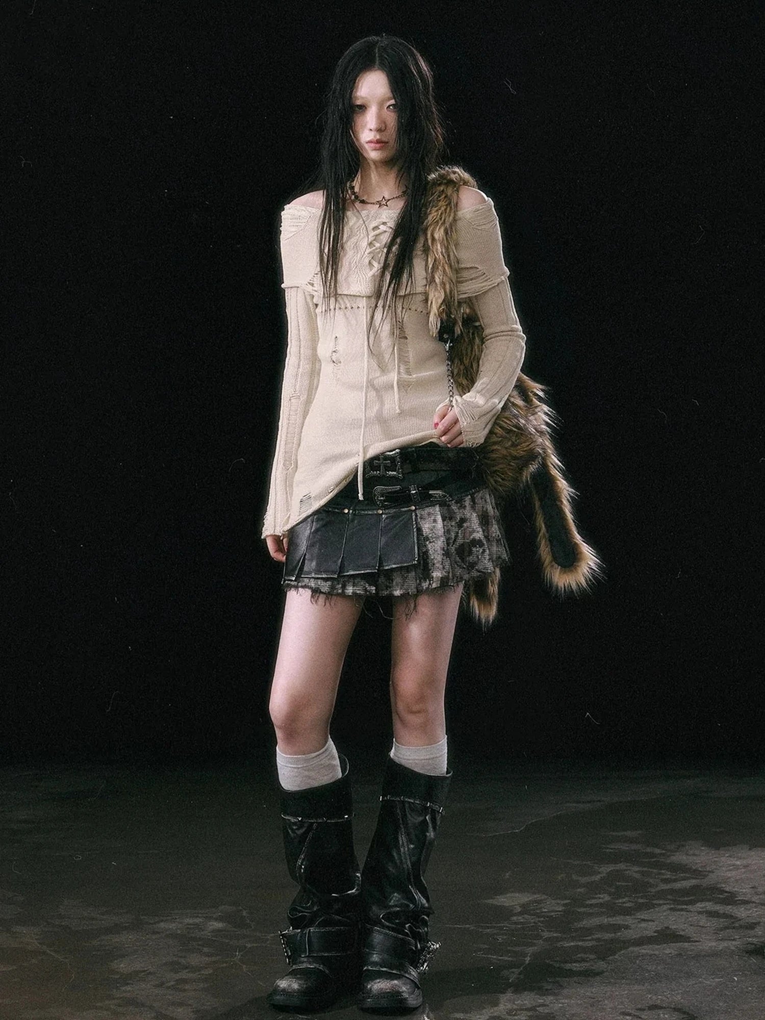 Chinese Clothing Cest Nous Update Asymmetrical Hollow Knit Turtleneck Sweater