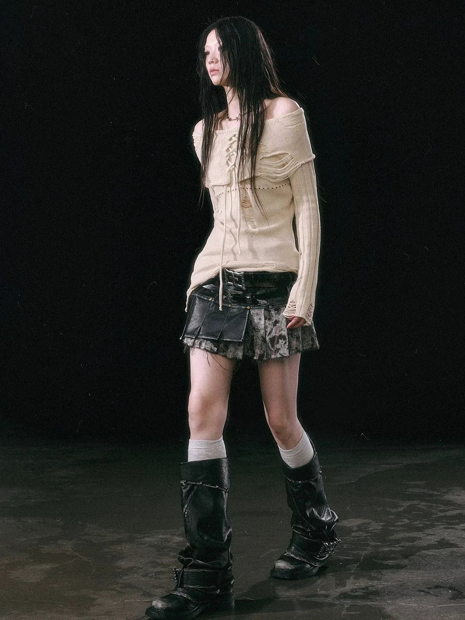 Chinese Clothing Cest Nous Update Asymmetrical Hollow Knit Turtleneck Sweater