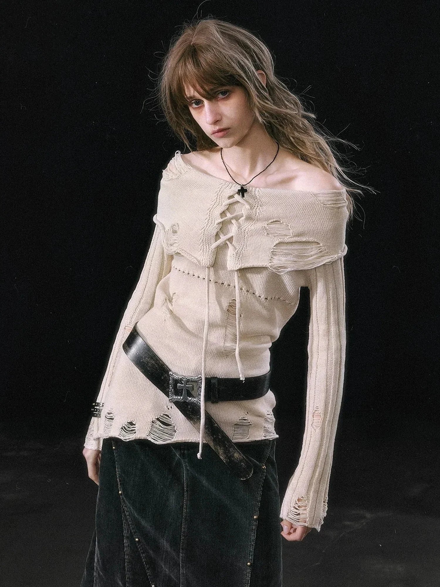 Chinese Clothing Cest Nous Update Asymmetrical Hollow Knit Turtleneck Sweater