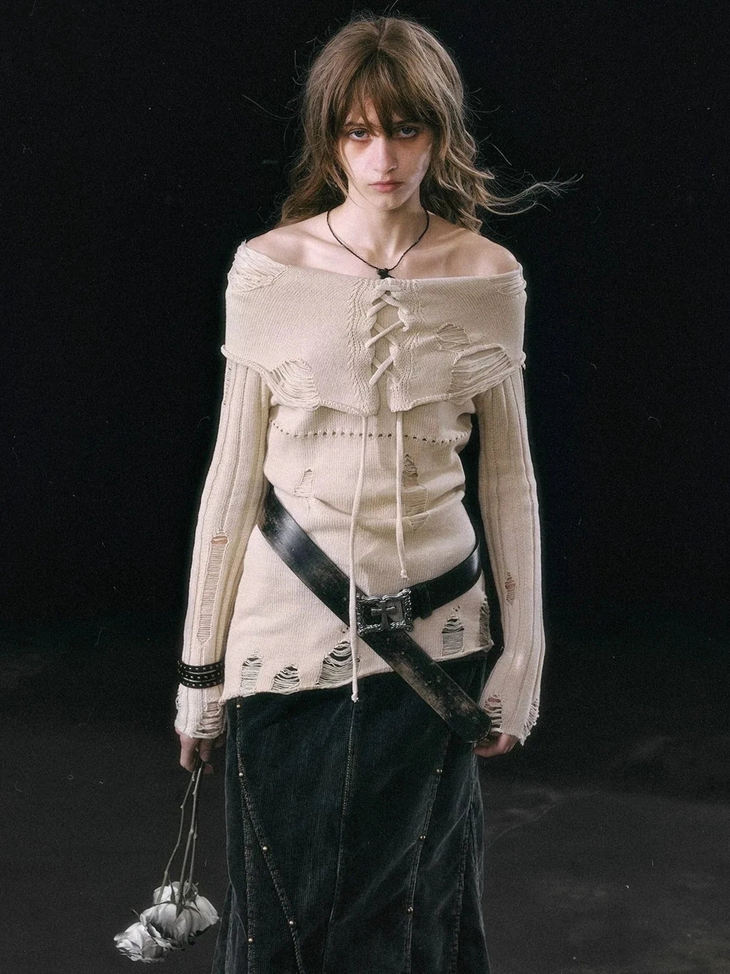 Chinese Clothing Cest Nous Update Asymmetrical Hollow Knit Turtleneck Sweater