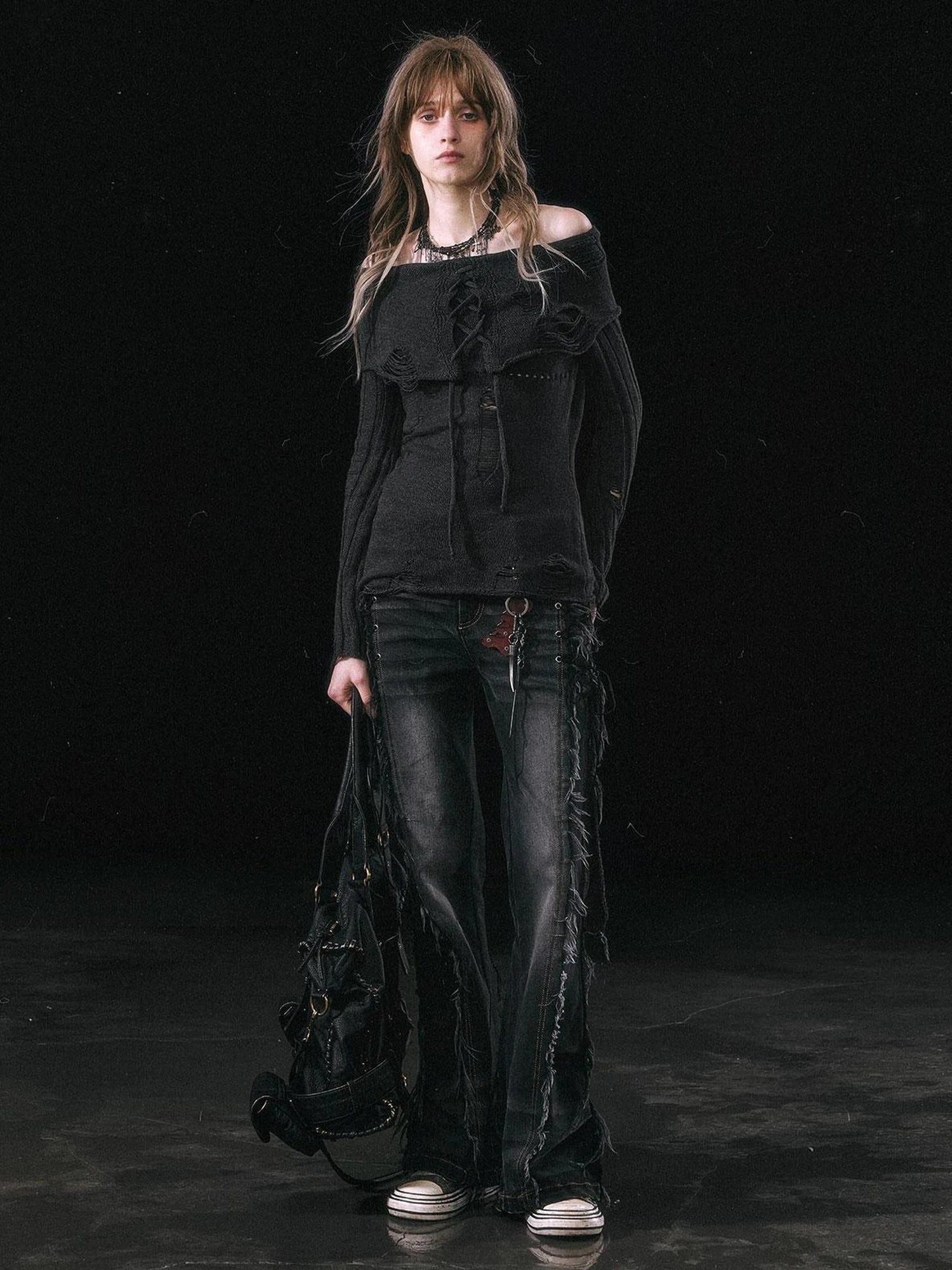 Chinese Clothing Cest Nous Update Asymmetrical Hollow Knit Turtleneck Sweater