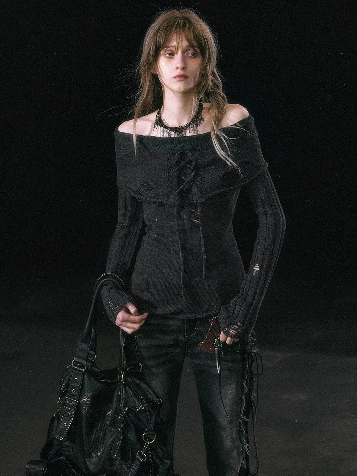 Chinese Clothing Cest Nous Update Asymmetrical Hollow Knit Turtleneck Sweater
