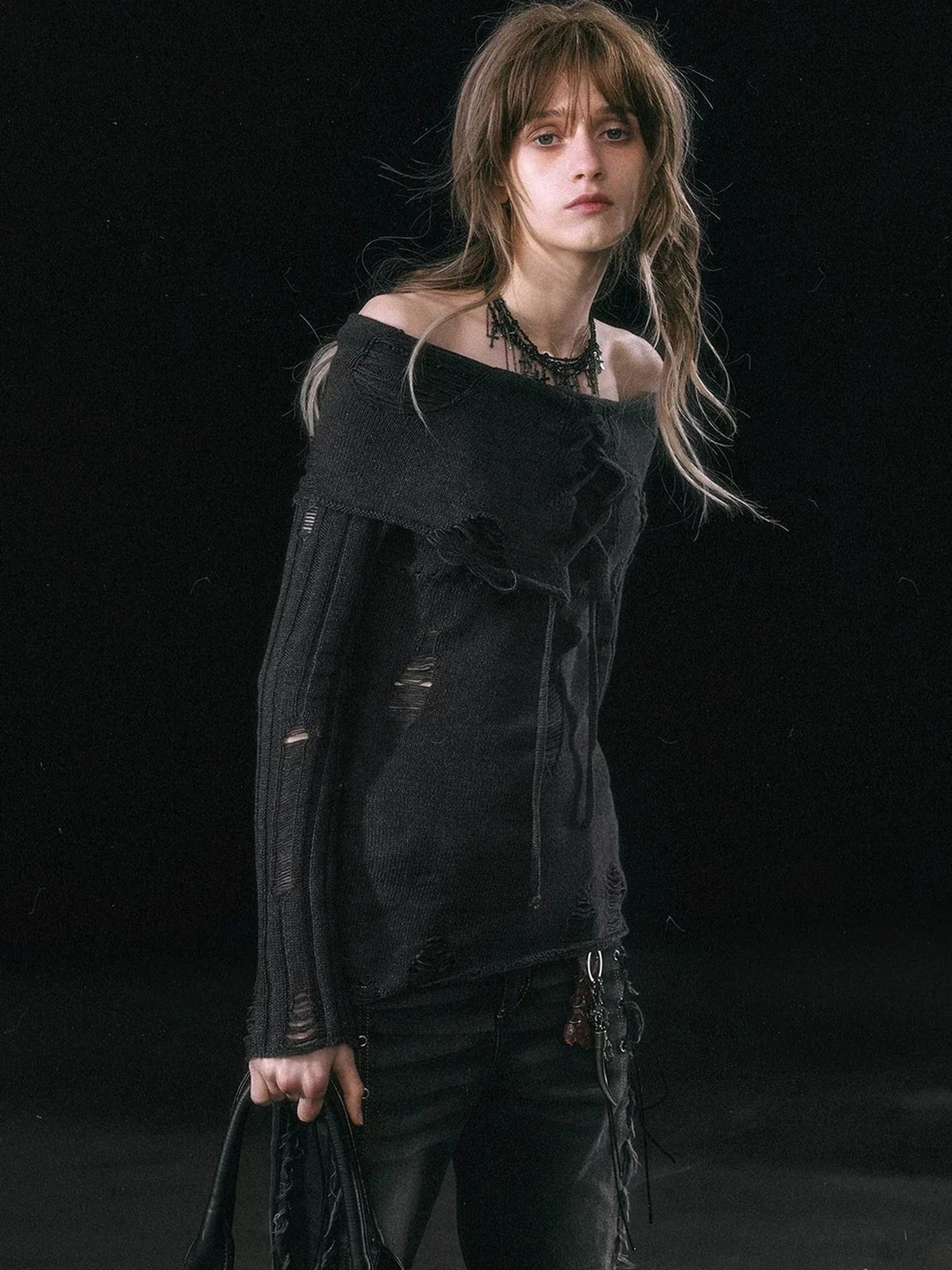 Chinese Clothing Cest Nous Update Asymmetrical Hollow Knit Turtleneck Sweater
