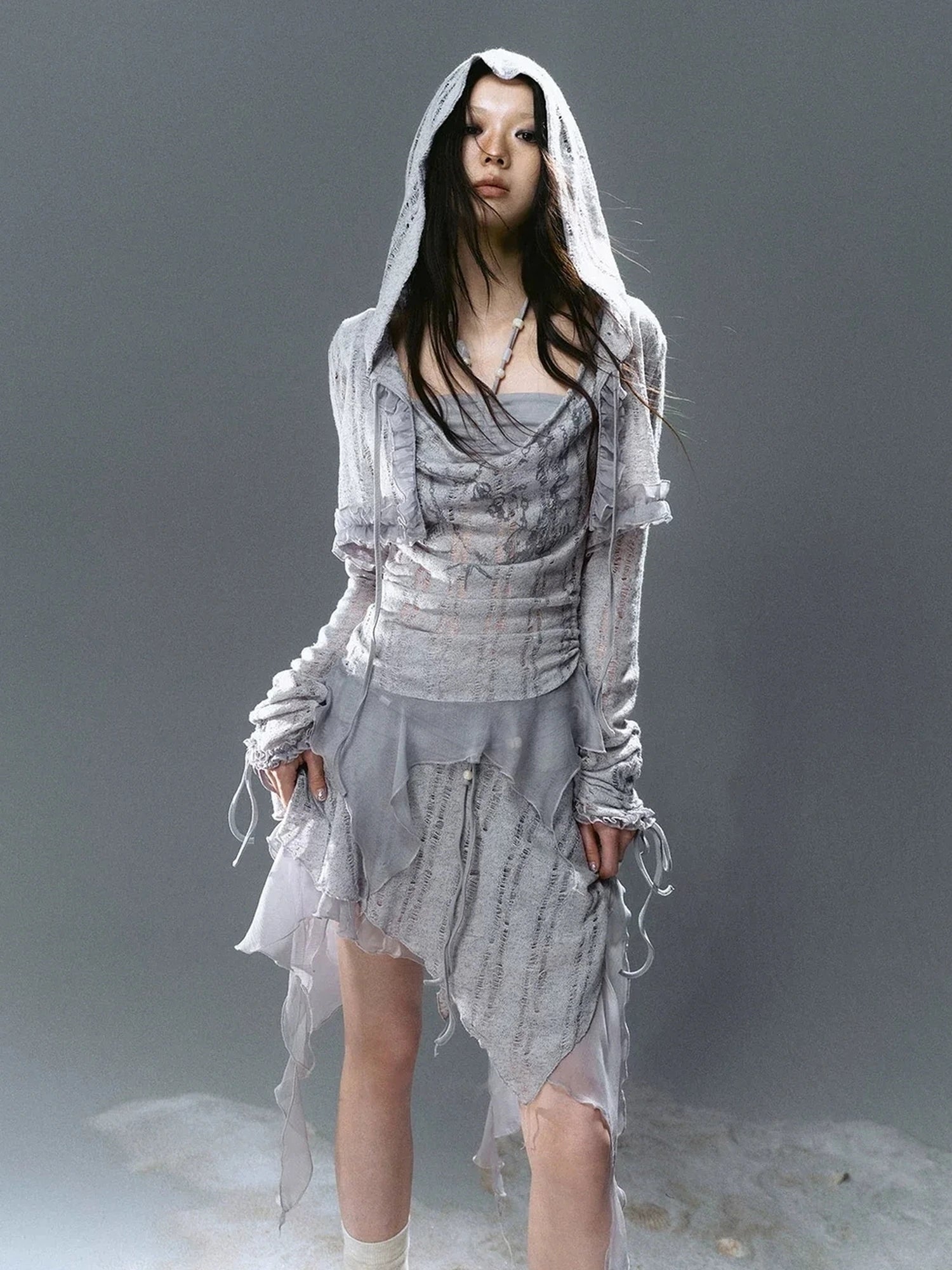 Chinese Clothing Cest Nous Update Blue Mist Beaded Asymmetrical Ruffle Skirt