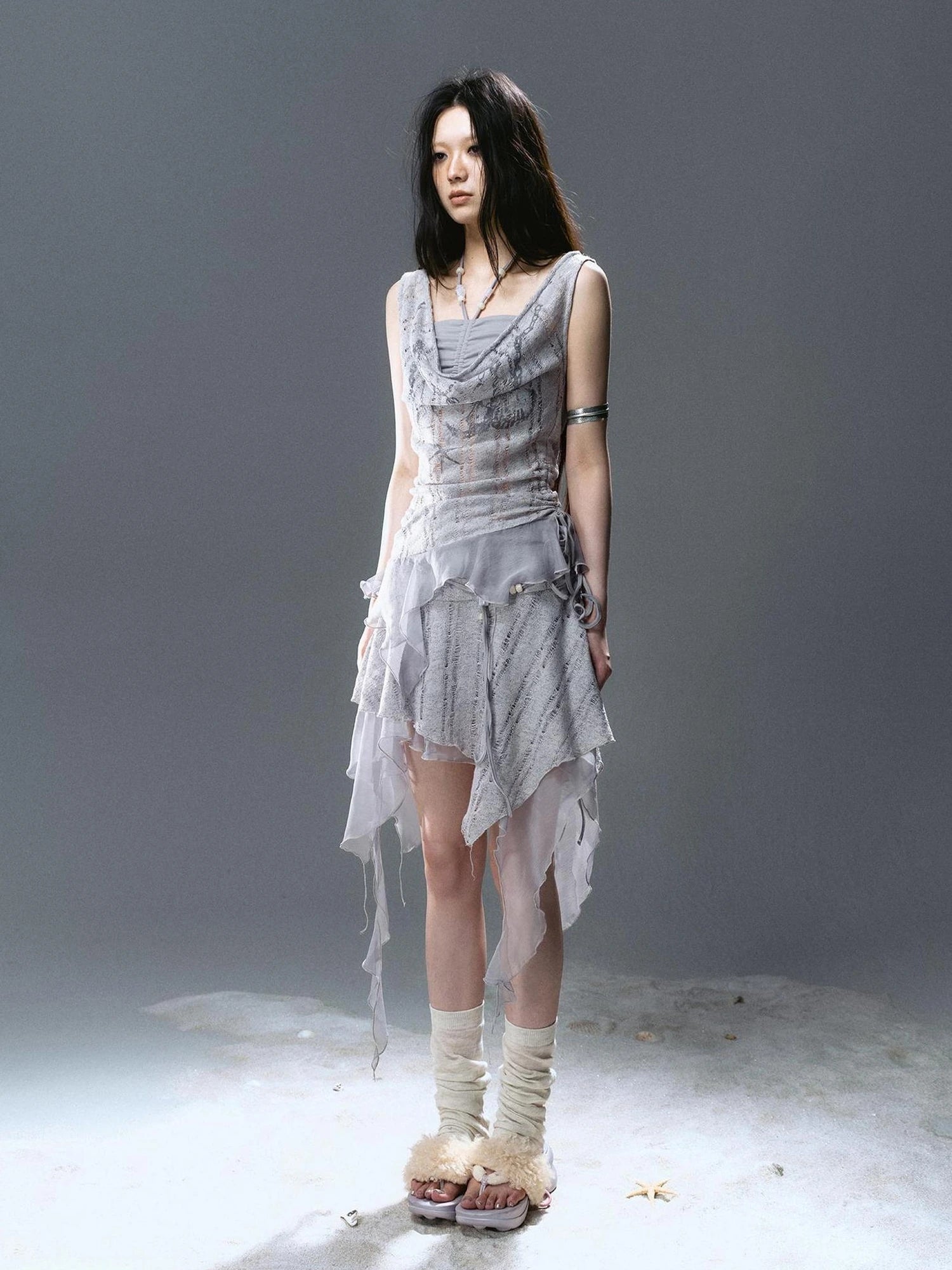 Chinese Clothing Cest Nous Update Blue Mist Beaded Asymmetrical Ruffle Skirt