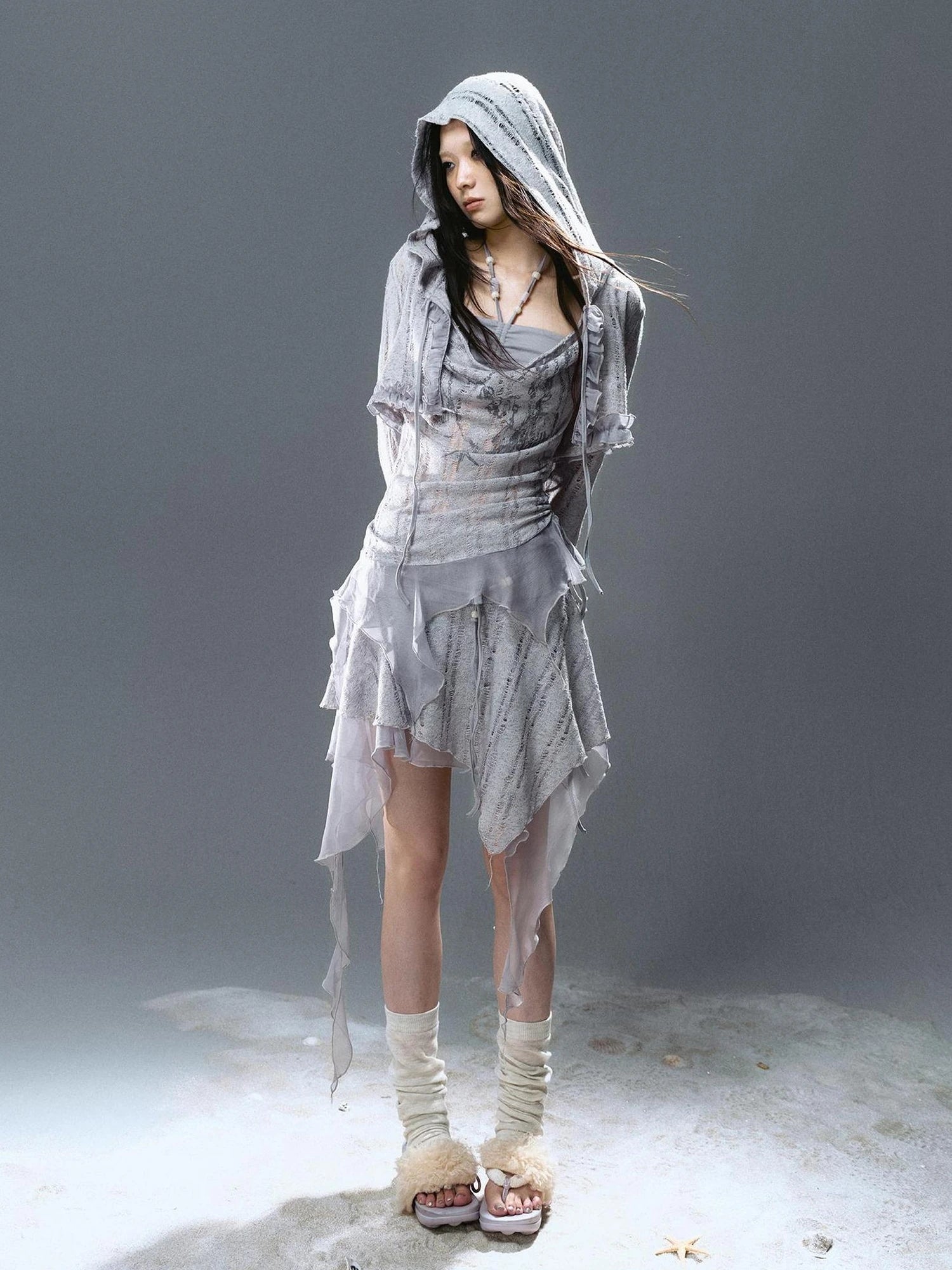 Chinese Clothing Cest Nous Update Blue Mist Beaded Asymmetrical Ruffle Skirt