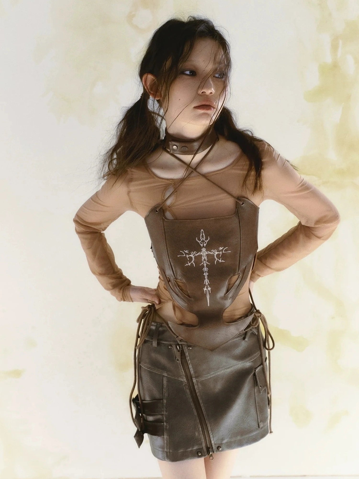 Chinese Clothing Cest Nous Update Brown Washed Asymmetric Leather Mini Skirt