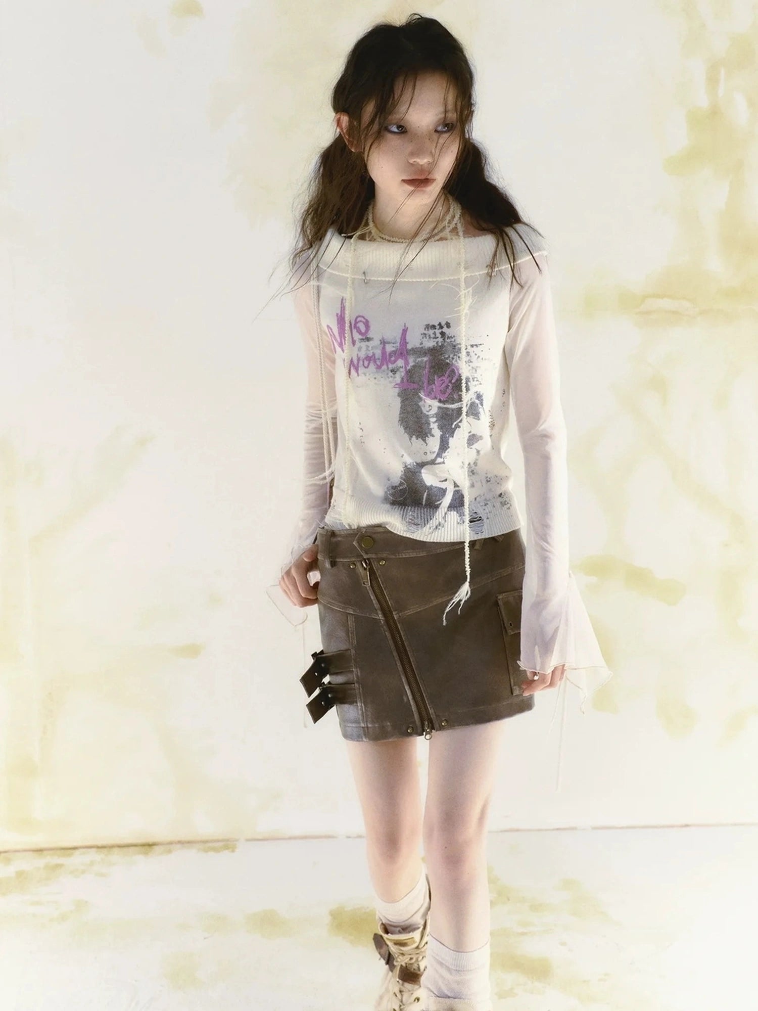 Chinese Clothing Cest Nous Update Brown Washed Asymmetric Leather Mini Skirt