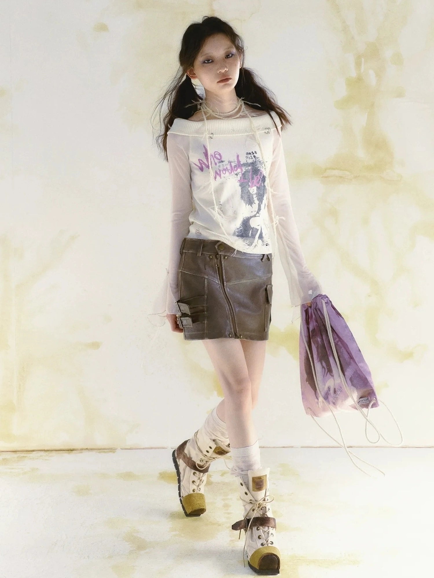 Chinese Clothing Cest Nous Update Brown Washed Asymmetric Leather Mini Skirt