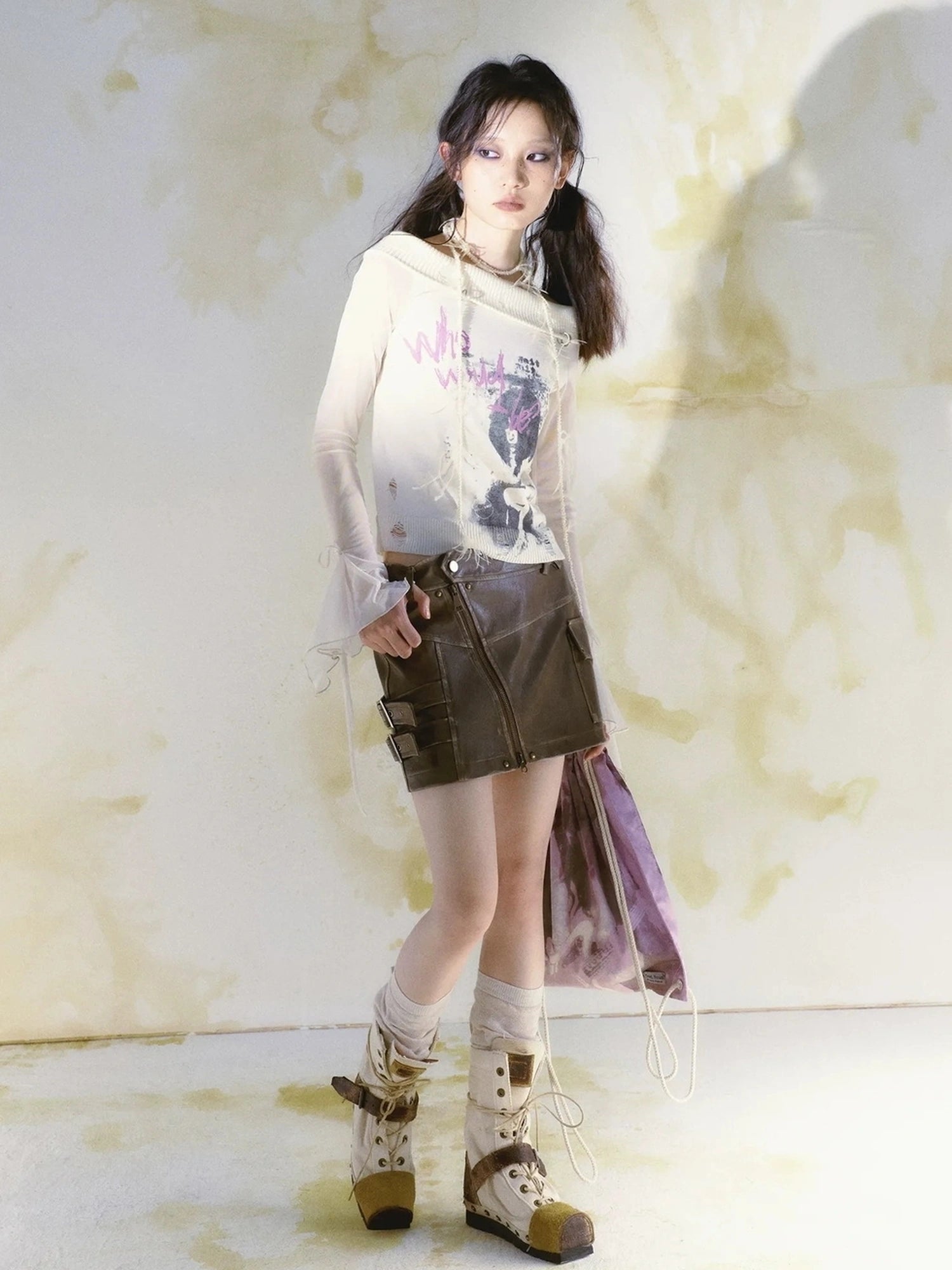 Chinese Clothing Cest Nous Update Brown Washed Asymmetric Leather Mini Skirt