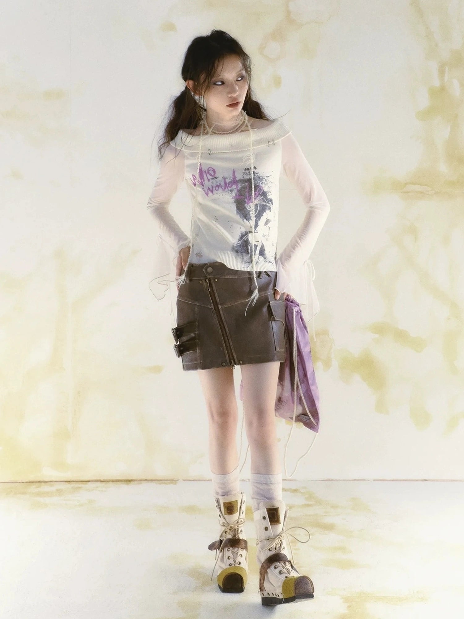 Chinese Clothing Cest Nous Update Brown Washed Asymmetric Leather Mini Skirt