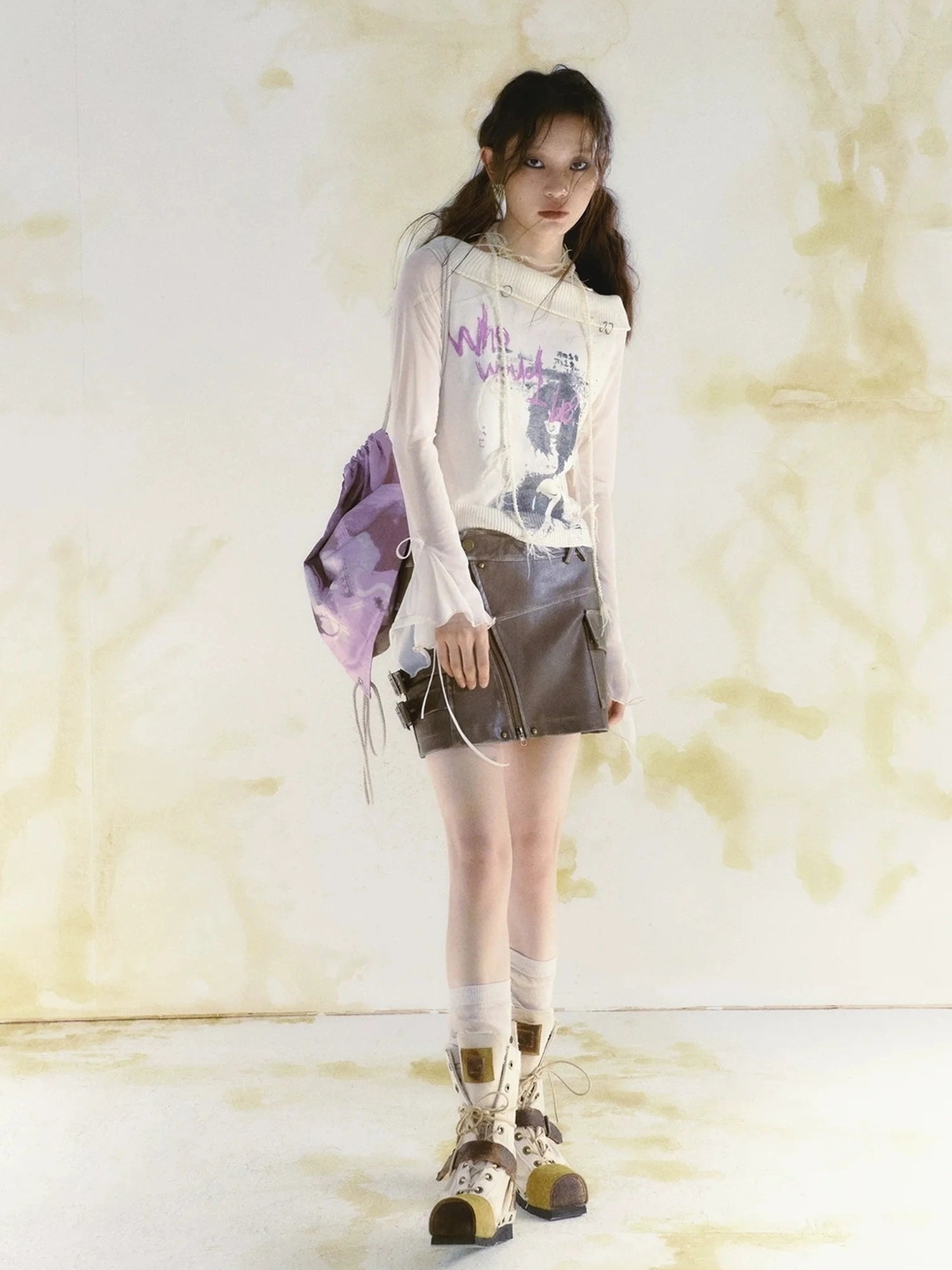 Chinese Clothing Cest Nous Update Brown Washed Asymmetric Leather Mini Skirt