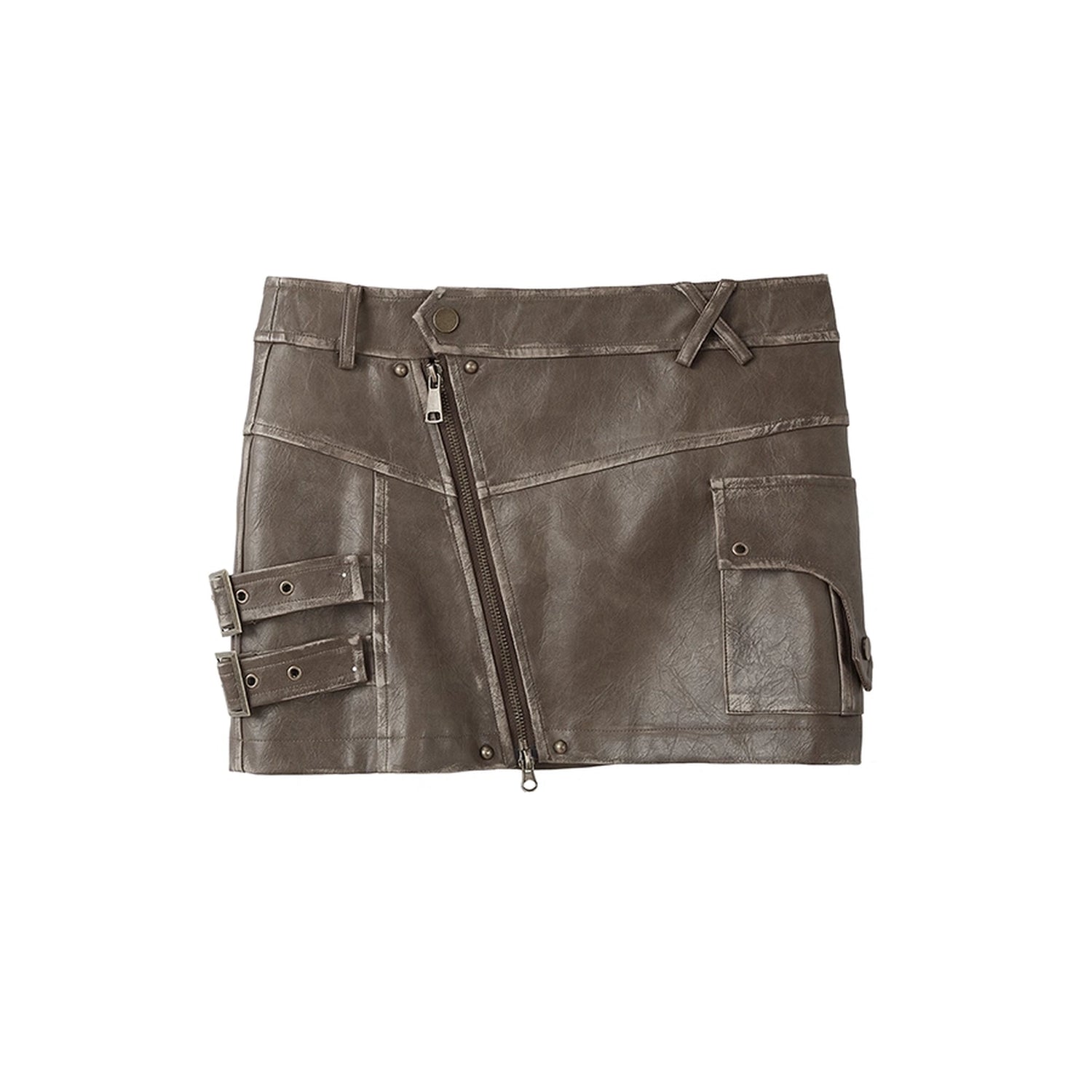 Chinese Clothing Cest Nous Update Brown Washed Asymmetric Leather Mini Skirt MISSTT