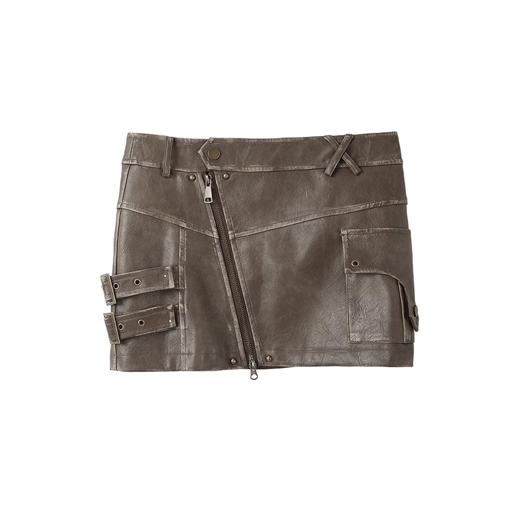 Chinese Clothing Cest Nous Update Brown Washed Asymmetric Leather Mini Skirt MISSTT