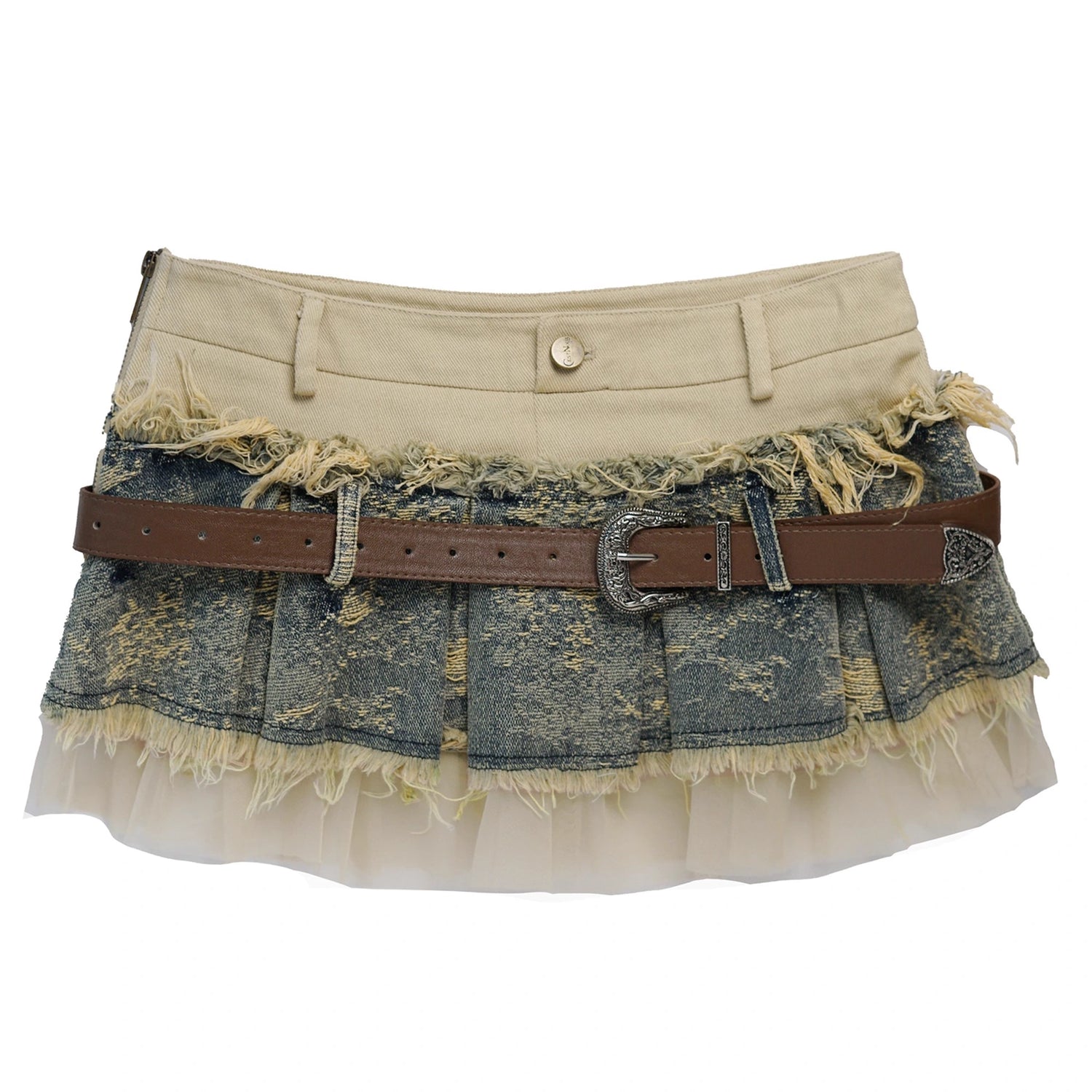Chinese Clothing Cest Nous Update Deconstructed Denim Mesh Pleated Skirt MISSTT