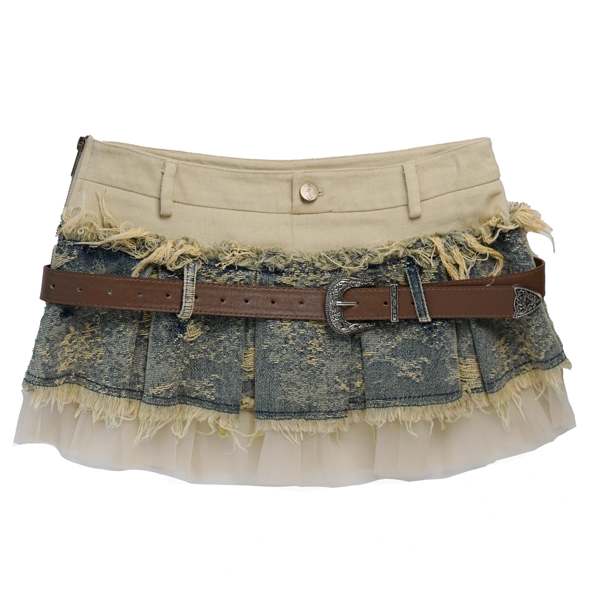 Chinese Clothing Cest Nous Update Deconstructed Denim Mesh Pleated Skirt MISSTT