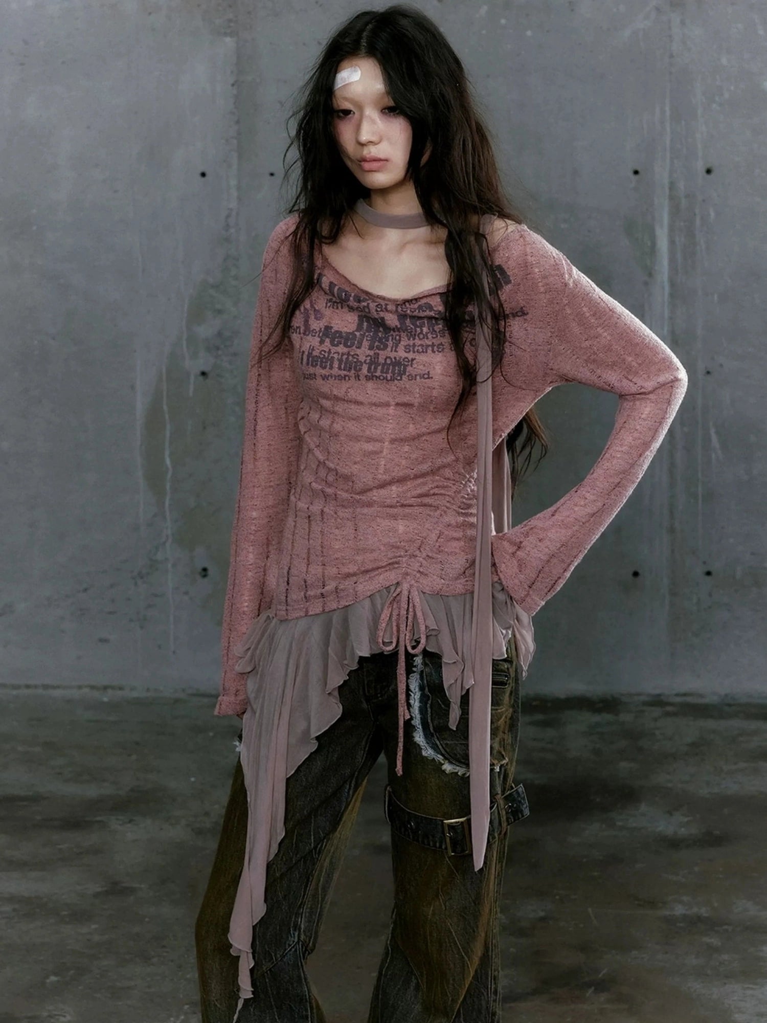 Chinese Clothing Cest Nous Update Deconstructed Draped Graffiti Hollow Knit V-neck T-shirt Long Sleeve Top