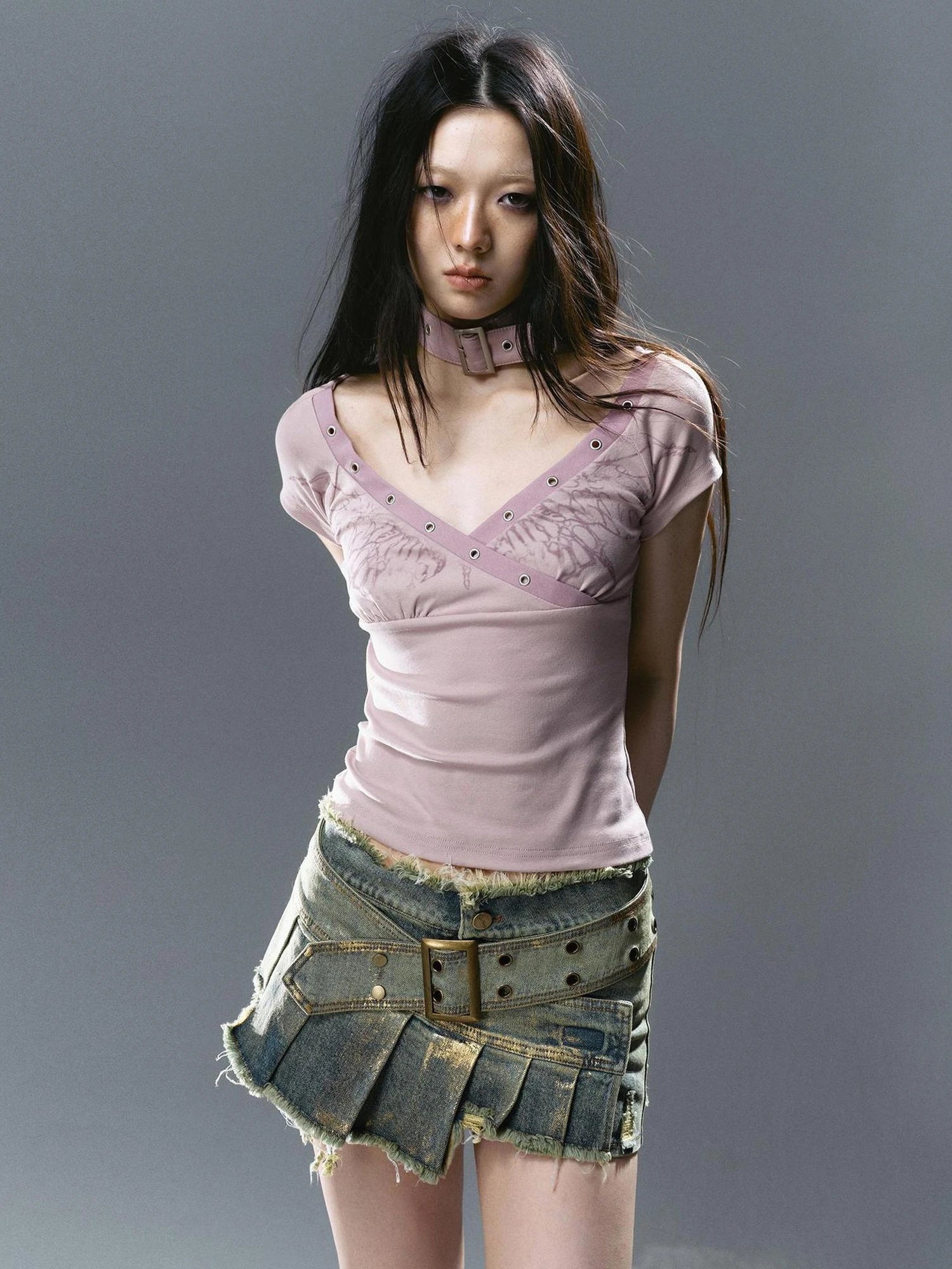 Chinese Clothing Cest Nous Update Deconstructed Gold Foil Pleated Denim Skort