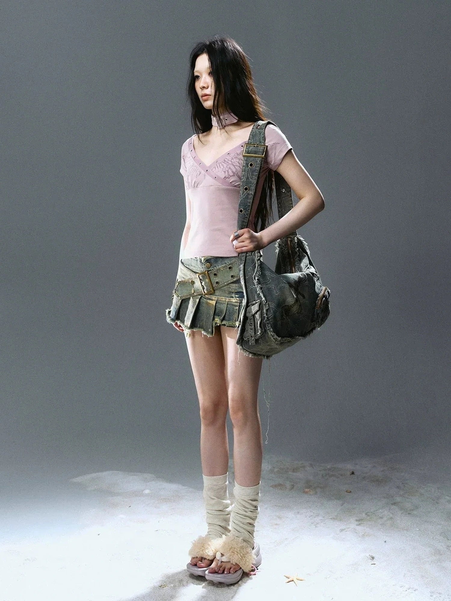 Chinese Clothing Cest Nous Update Deconstructed Gold Foil Pleated Denim Skort