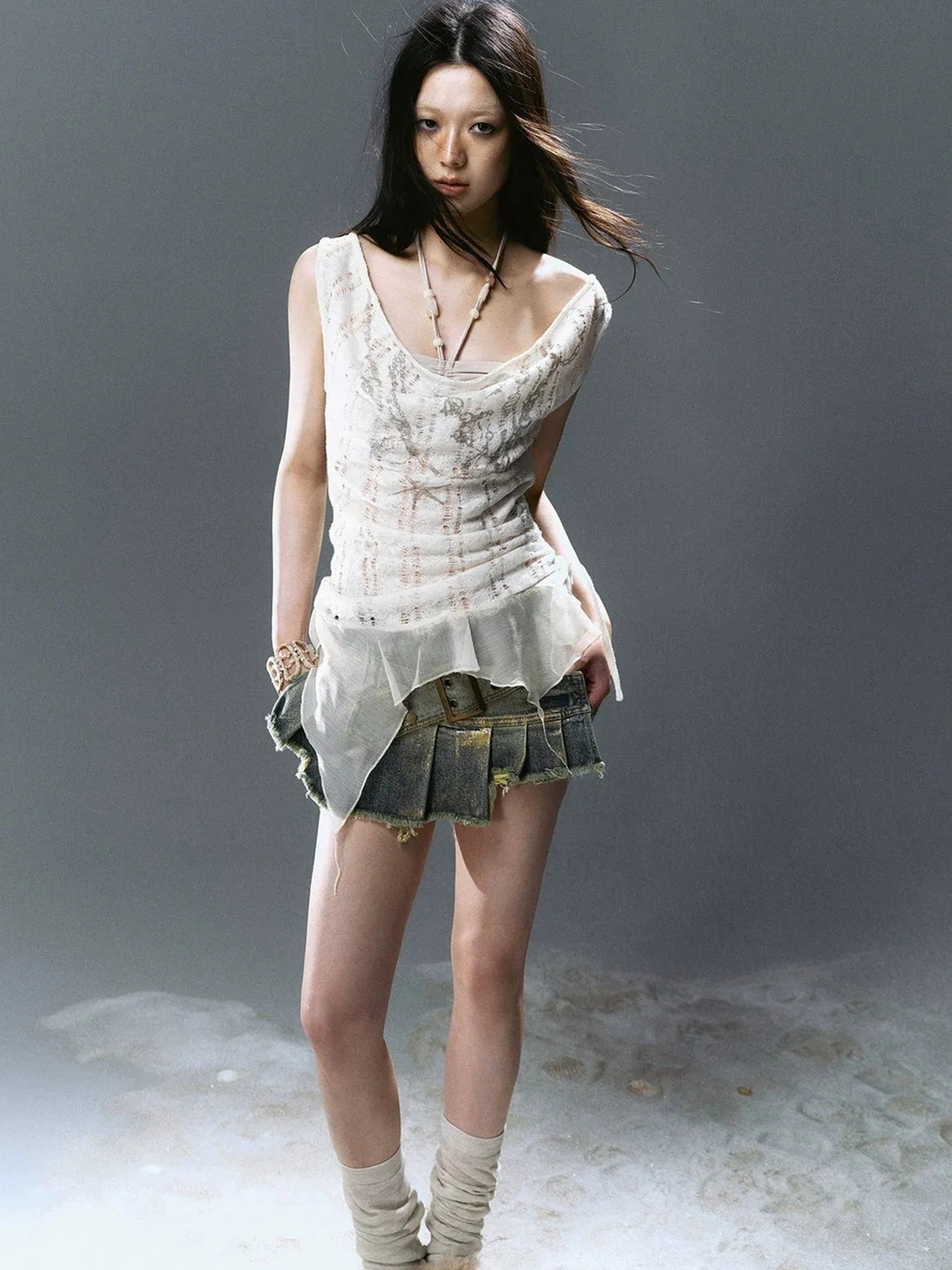 Chinese Clothing Cest Nous Update Deconstructed Gold Foil Pleated Denim Skort