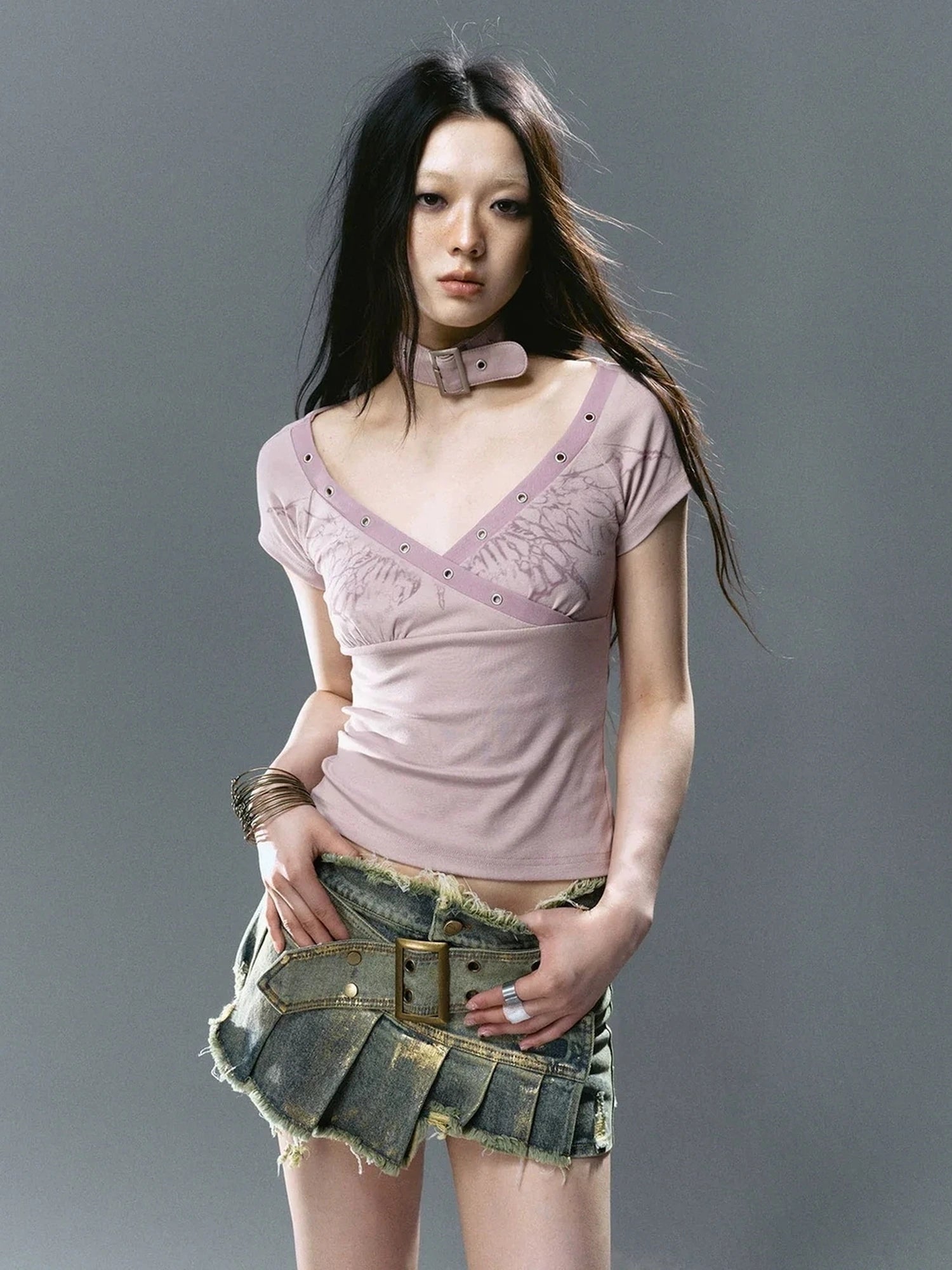 Chinese Clothing Cest Nous Update Deconstructed Gold Foil Pleated Denim Skort