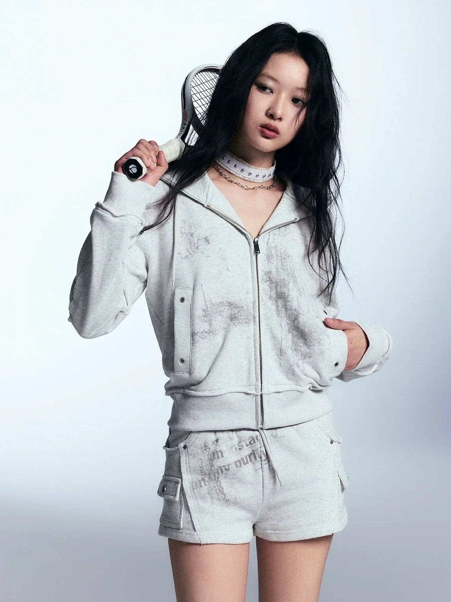 Chinese Clothing Cest Nous Update Deconstructed Lace Graffiti Sweatsuit V-neck T-shirt Long Sleeve