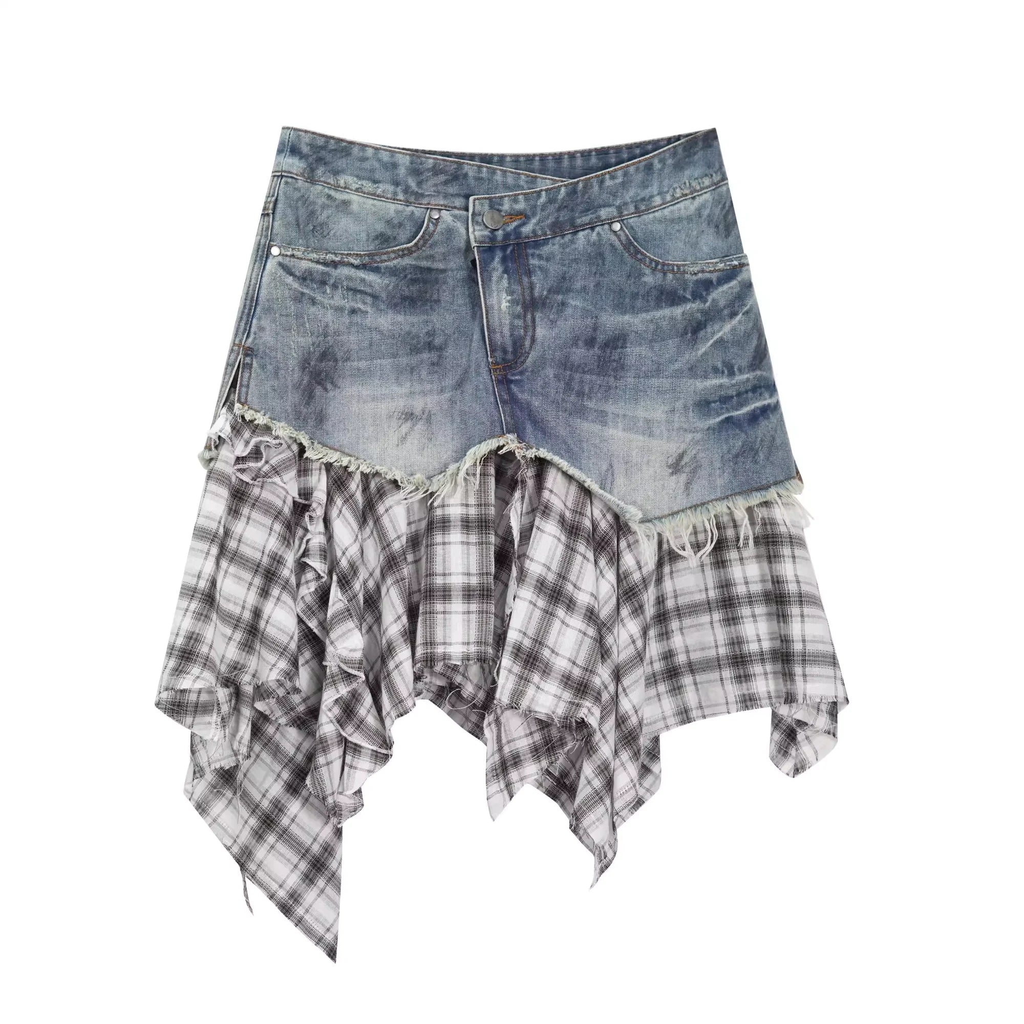 Chinese Clothing Cest Nous Update Deconstructed Plaid Denim Midi Skirt MISSTT