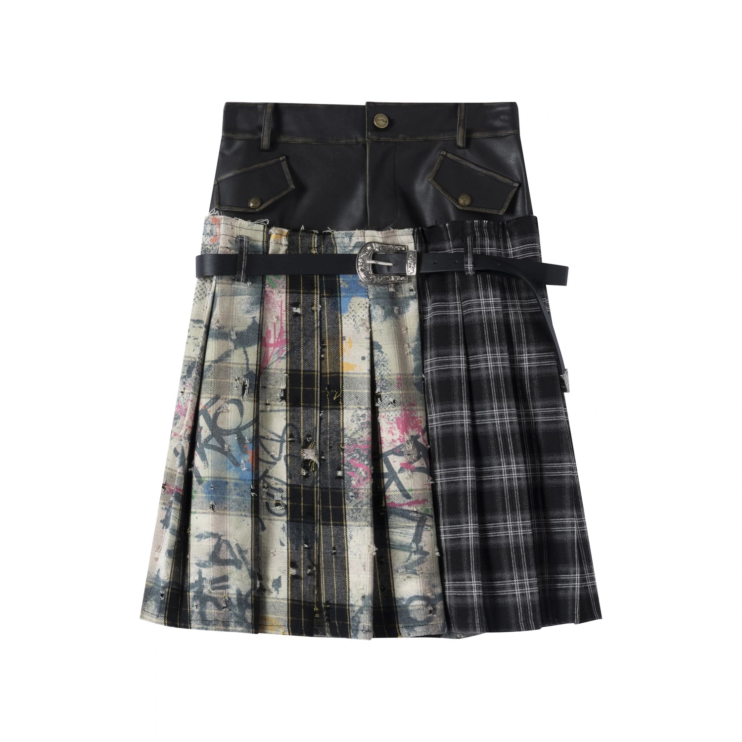 Chinese Clothing Cest Nous Update Deconstructed Plaid Pleated Skirt With Leather Waist MISSTT