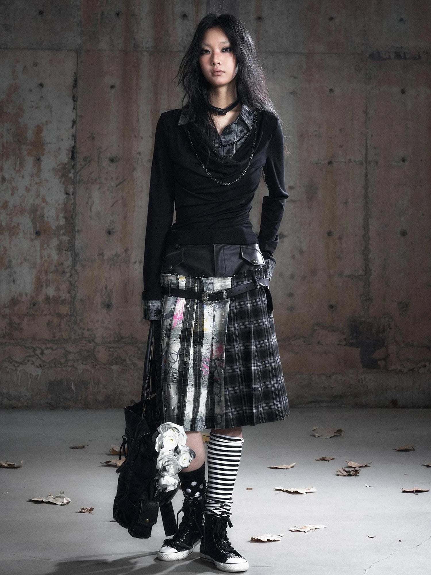 Chinese Clothing Cest Nous Update Deconstructed Plaid Pleated Skirt With Leather Waist