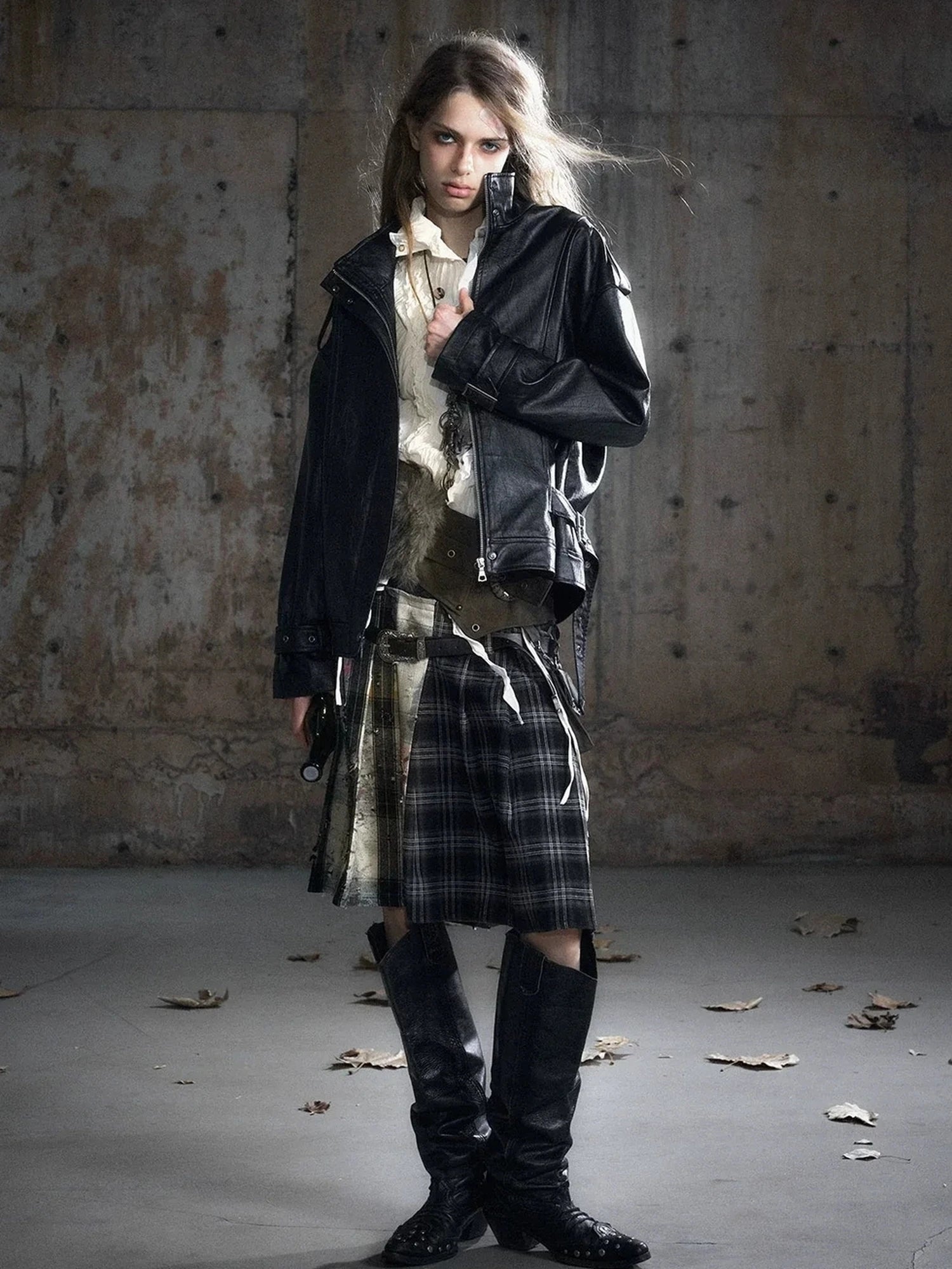 Chinese Clothing Cest Nous Update Deconstructed Plaid Pleated Skirt With Leather Waist