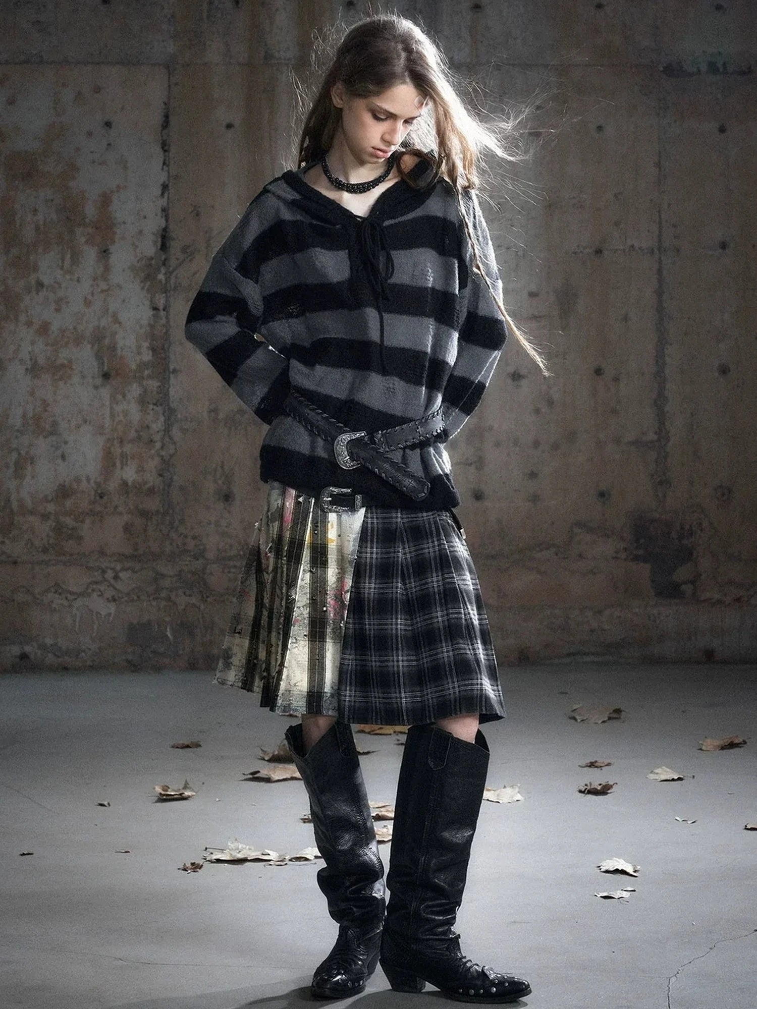 Chinese Clothing Cest Nous Update Deconstructed Plaid Pleated Skirt With Leather Waist