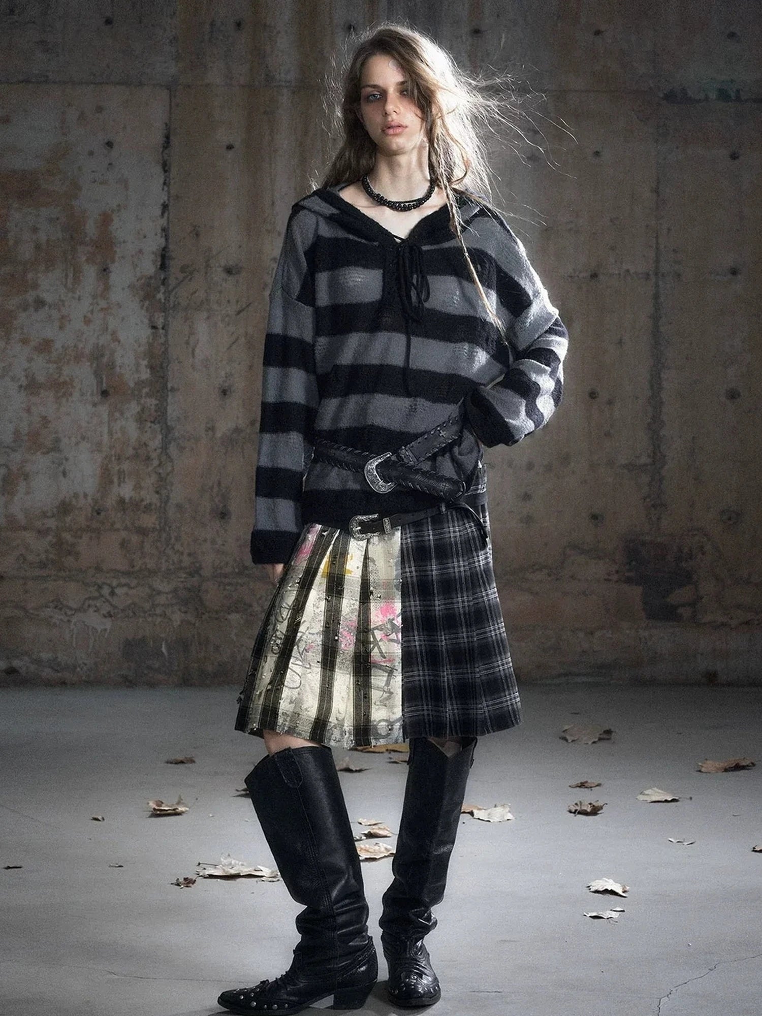 Chinese Clothing Cest Nous Update Deconstructed Plaid Pleated Skirt With Leather Waist
