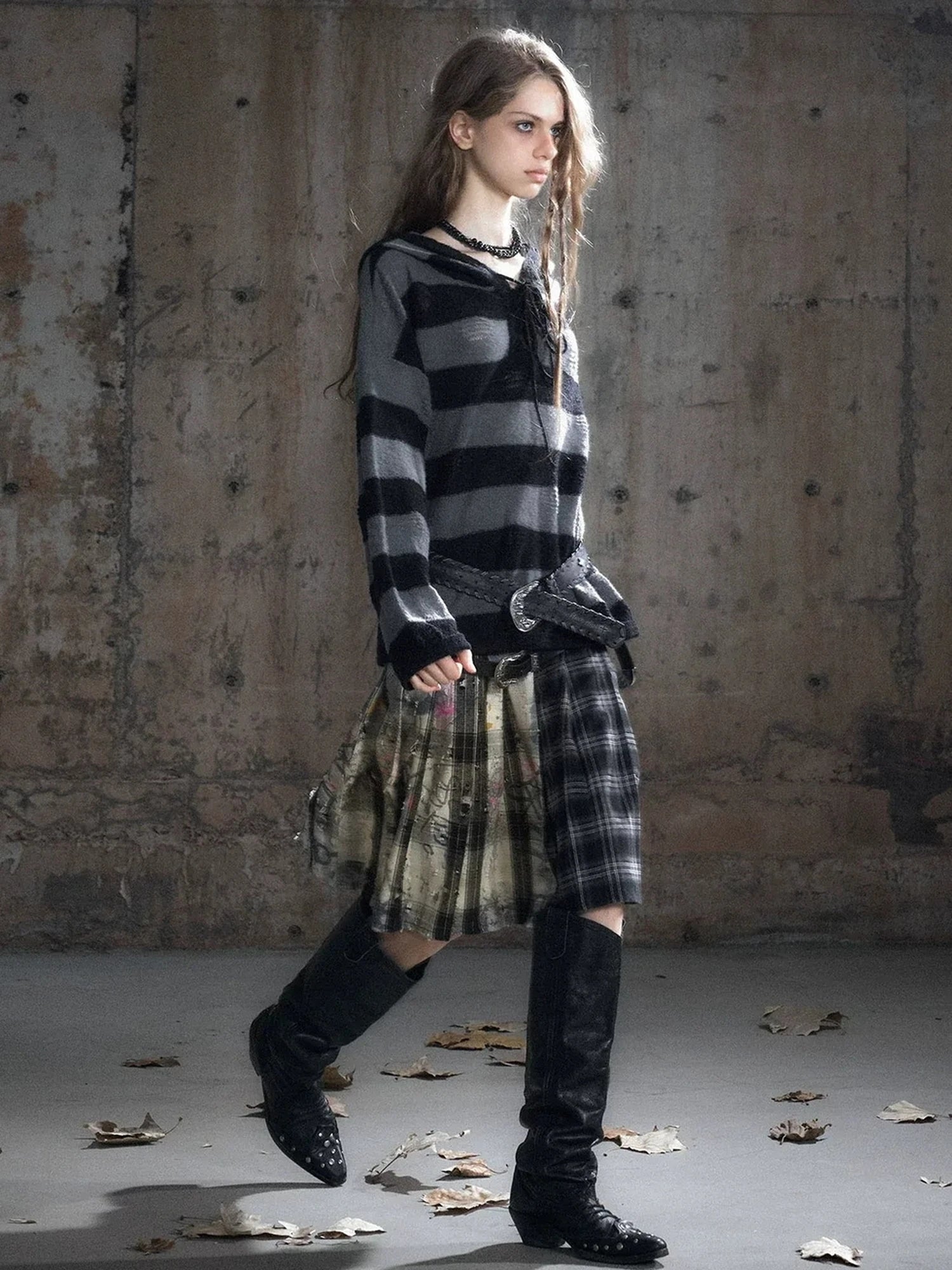 Chinese Clothing Cest Nous Update Deconstructed Plaid Pleated Skirt With Leather Waist