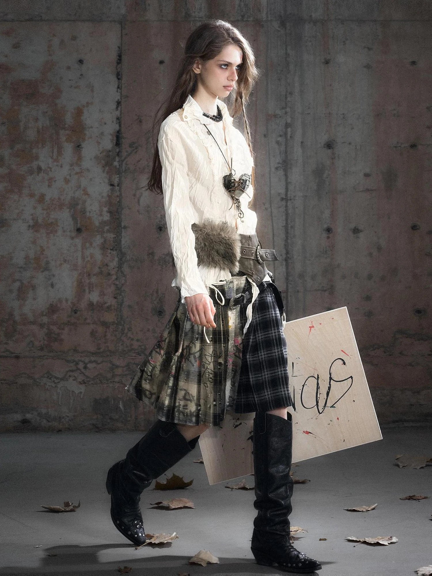 Chinese Clothing Cest Nous Update Deconstructed Plaid Pleated Skirt With Leather Waist