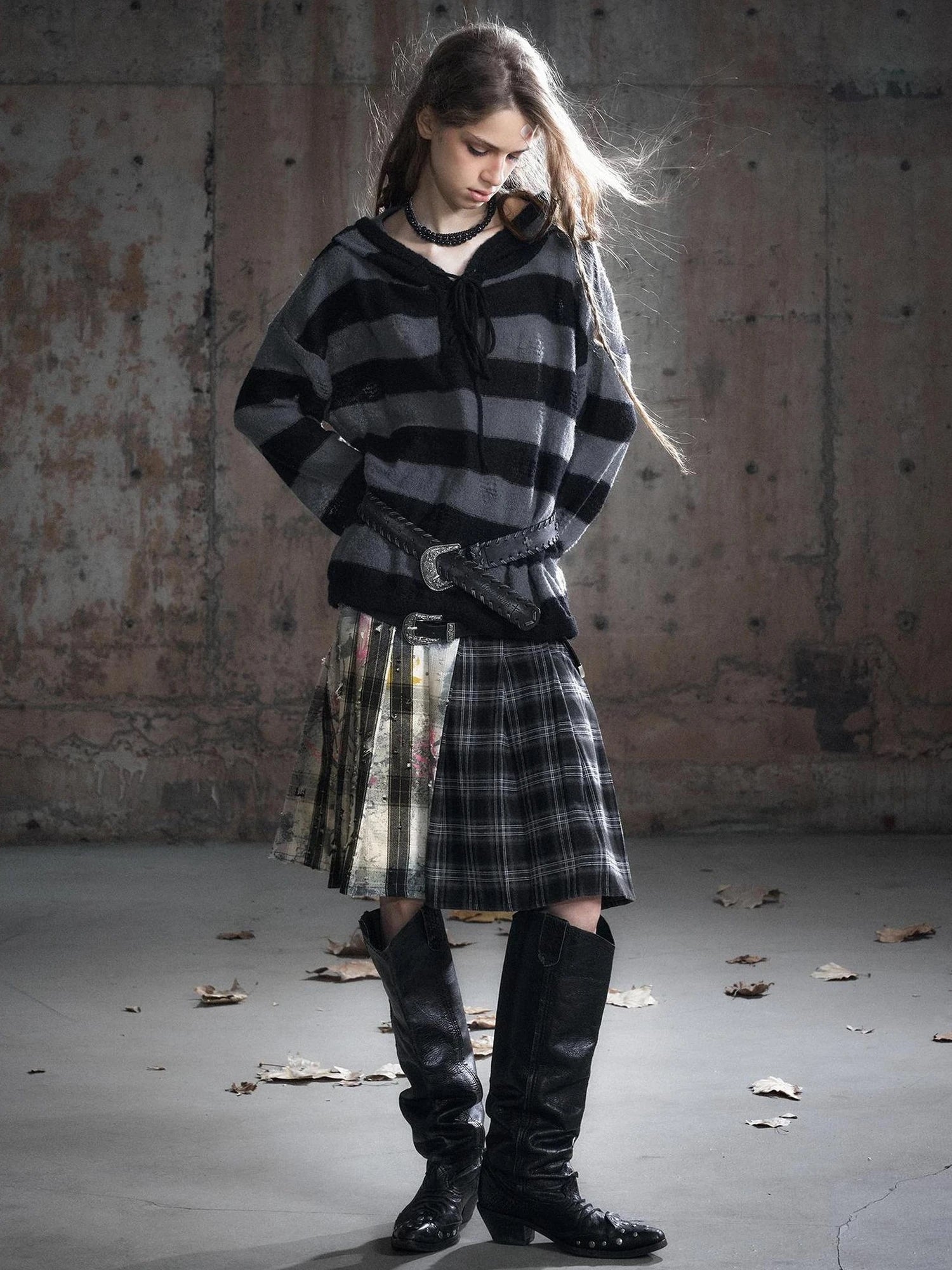 Chinese Clothing Cest Nous Update Deconstructed Plaid Pleated Skirt With Leather Waist