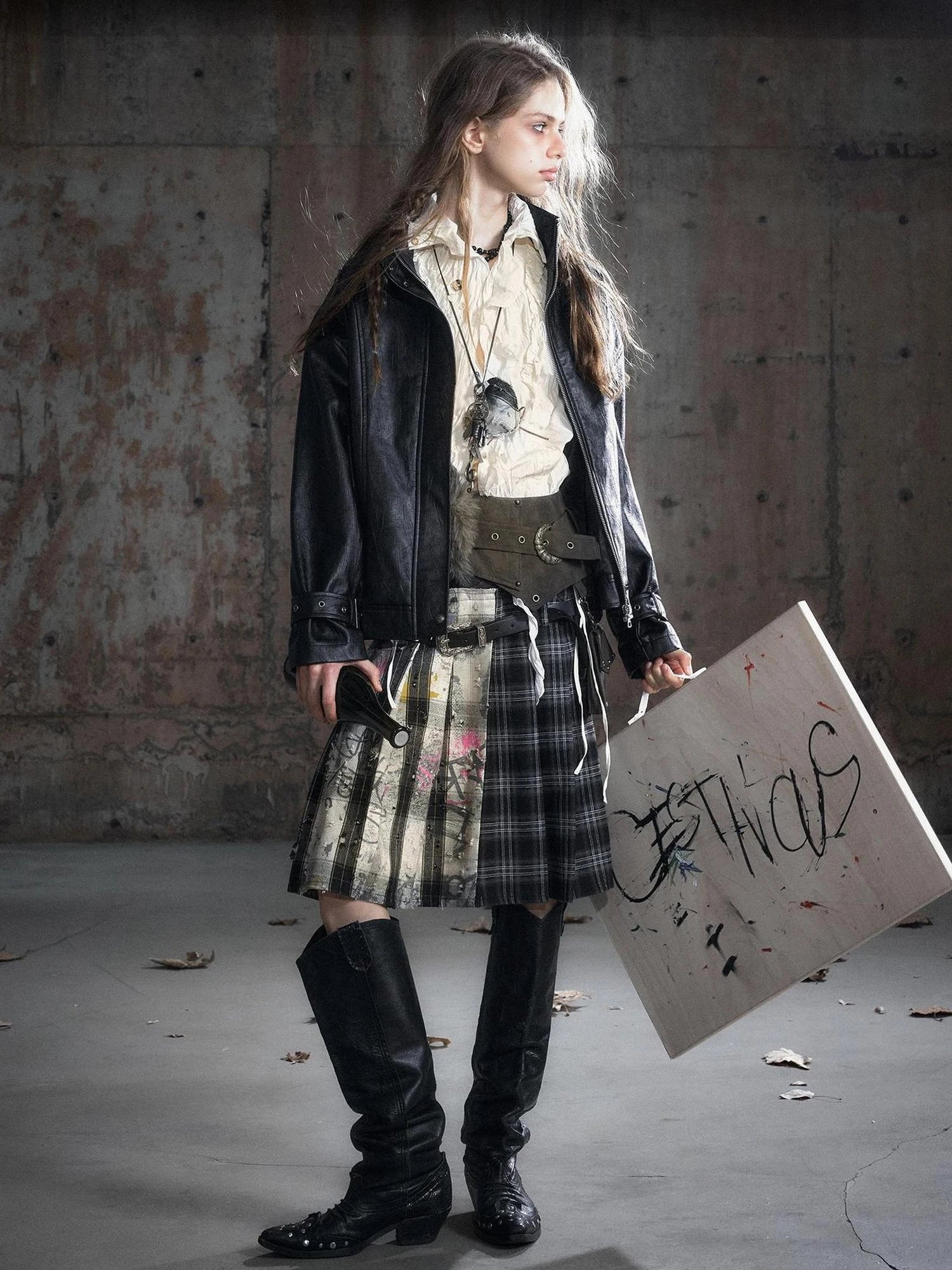 Chinese Clothing Cest Nous Update Deconstructed Plaid Pleated Skirt With Leather Waist