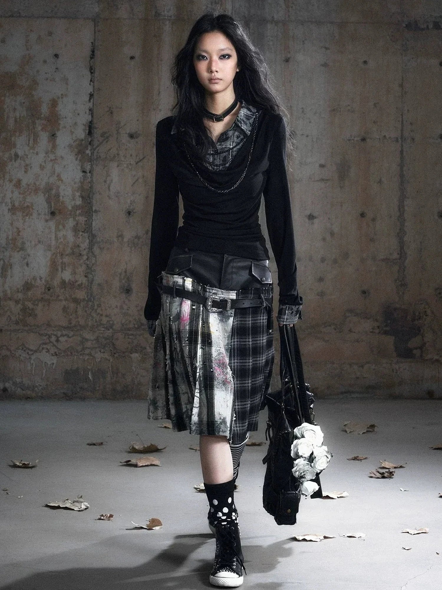 Chinese Clothing Cest Nous Update Deconstructed Plaid Pleated Skirt With Leather Waist