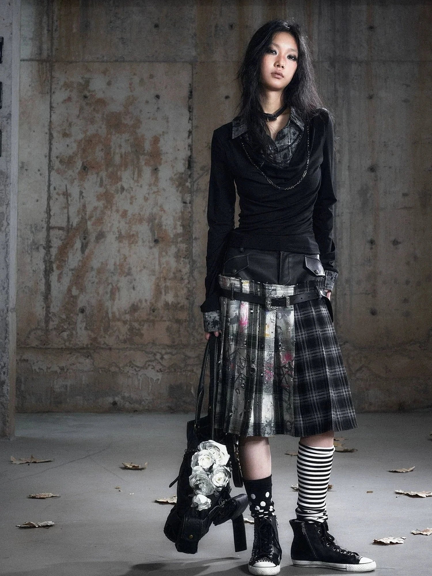 Chinese Clothing Cest Nous Update Deconstructed Plaid Pleated Skirt With Leather Waist