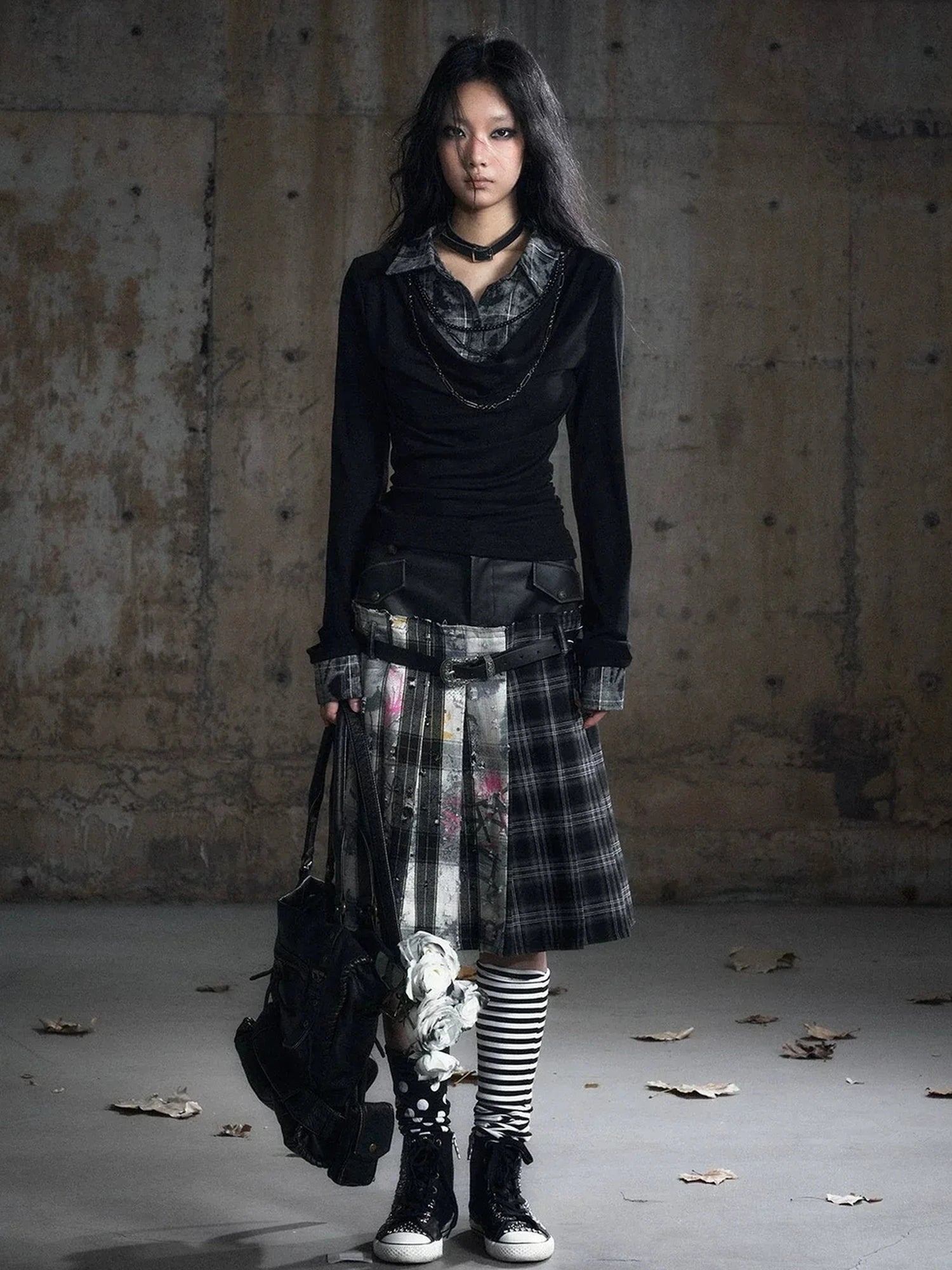 Chinese Clothing Cest Nous Update Deconstructed Plaid Pleated Skirt With Leather Waist