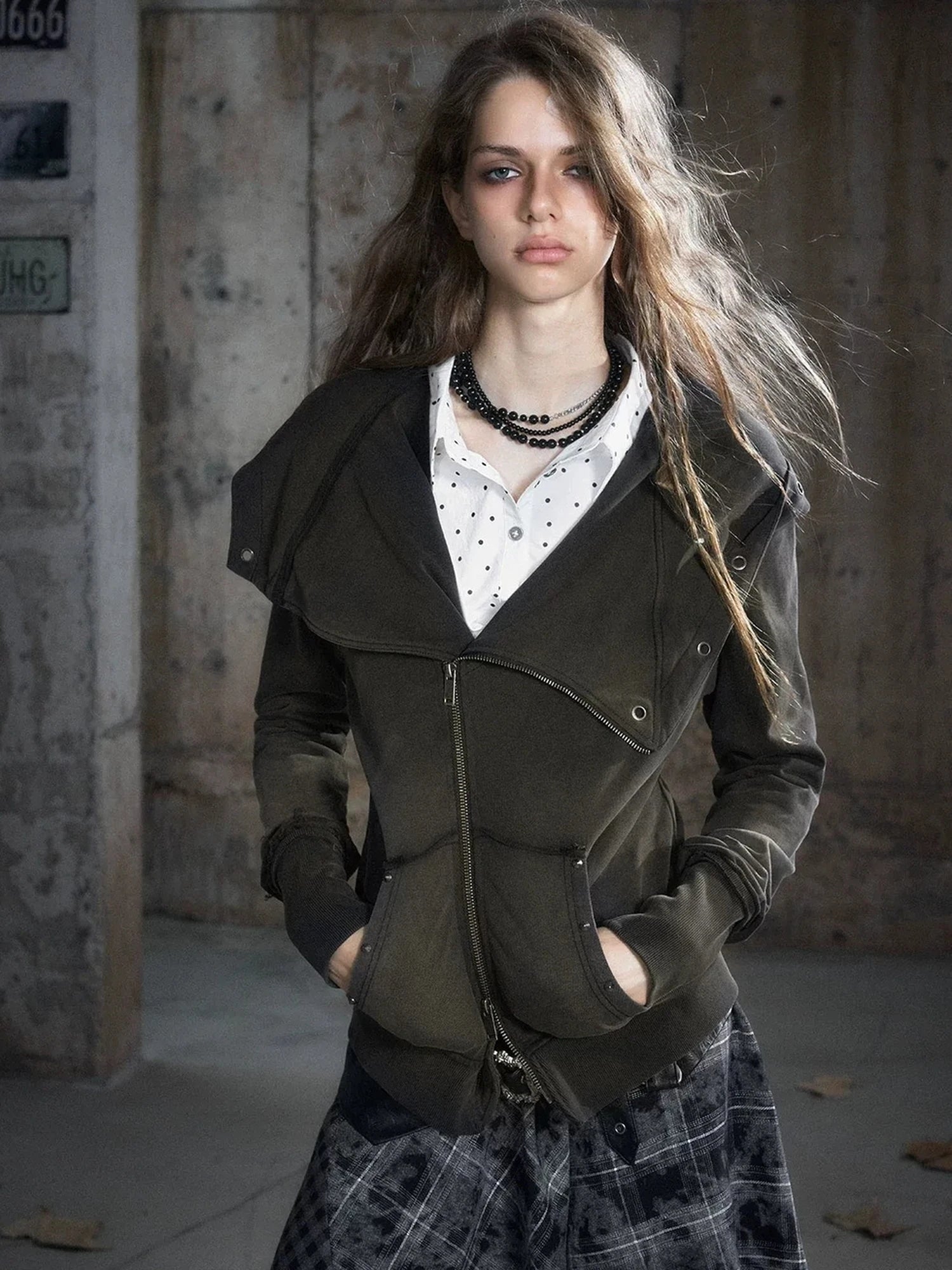 Chinese Clothing Cest Nous Update Deconstructed Washed Olive Asymmetrical Hooded Sweatshirt
