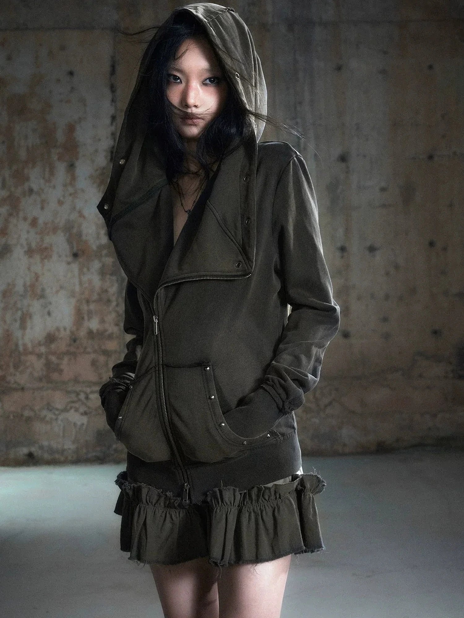 Chinese Clothing Cest Nous Update Deconstructed Washed Olive Asymmetrical Hooded Sweatshirt