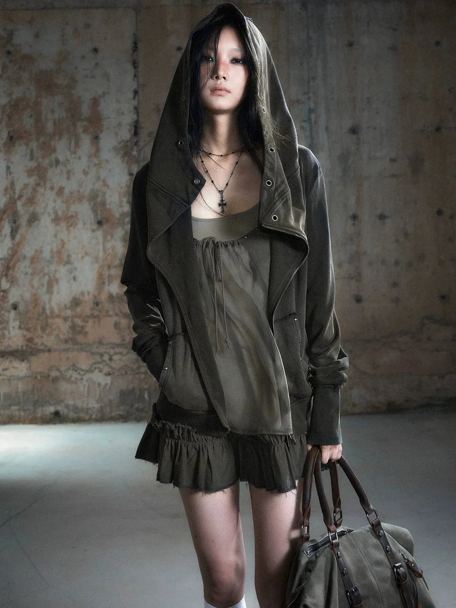 Chinese Clothing Cest Nous Update Deconstructed Washed Olive Asymmetrical Hooded Sweatshirt