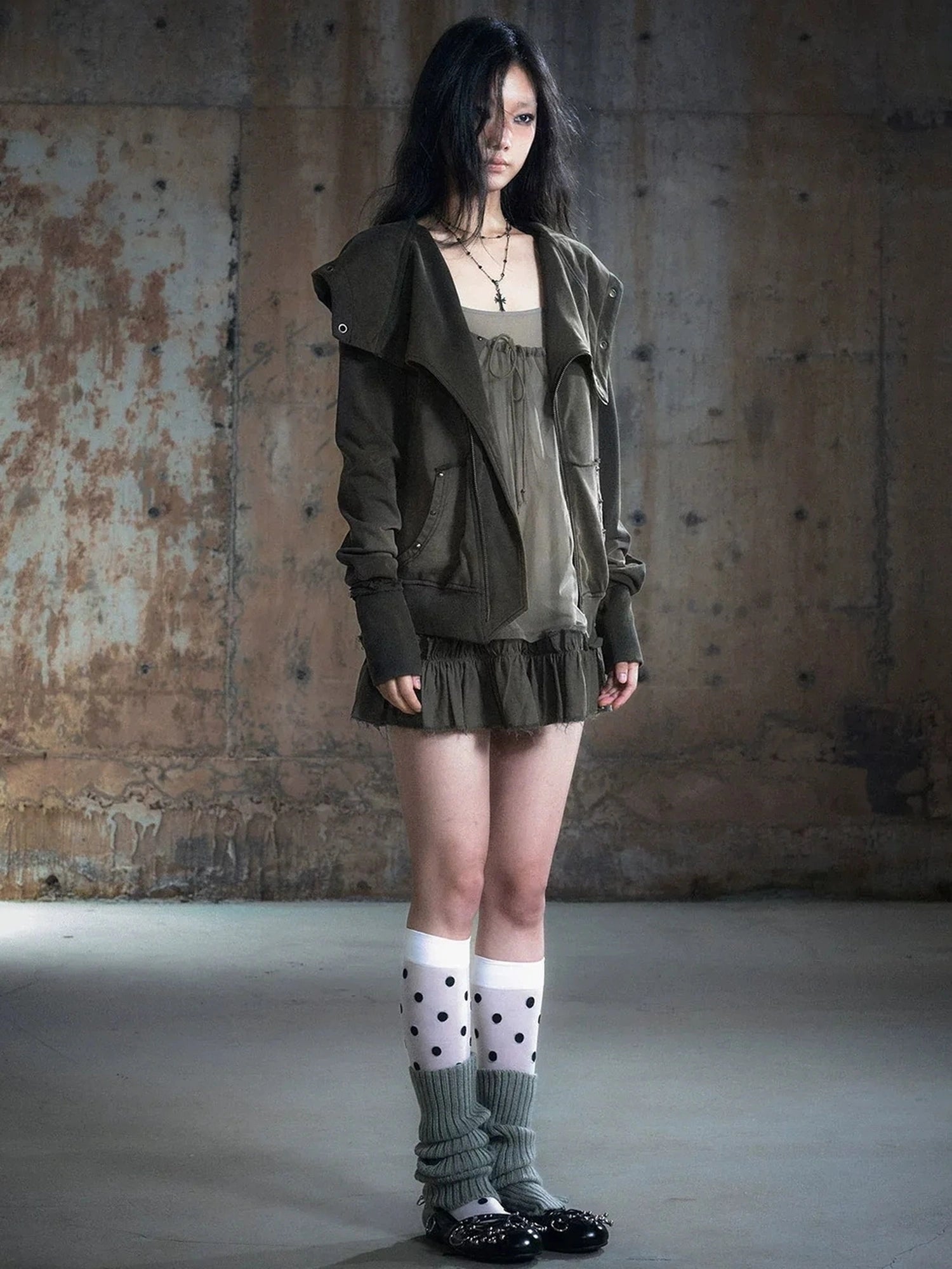 Chinese Clothing Cest Nous Update Deconstructed Washed Olive Asymmetrical Hooded Sweatshirt