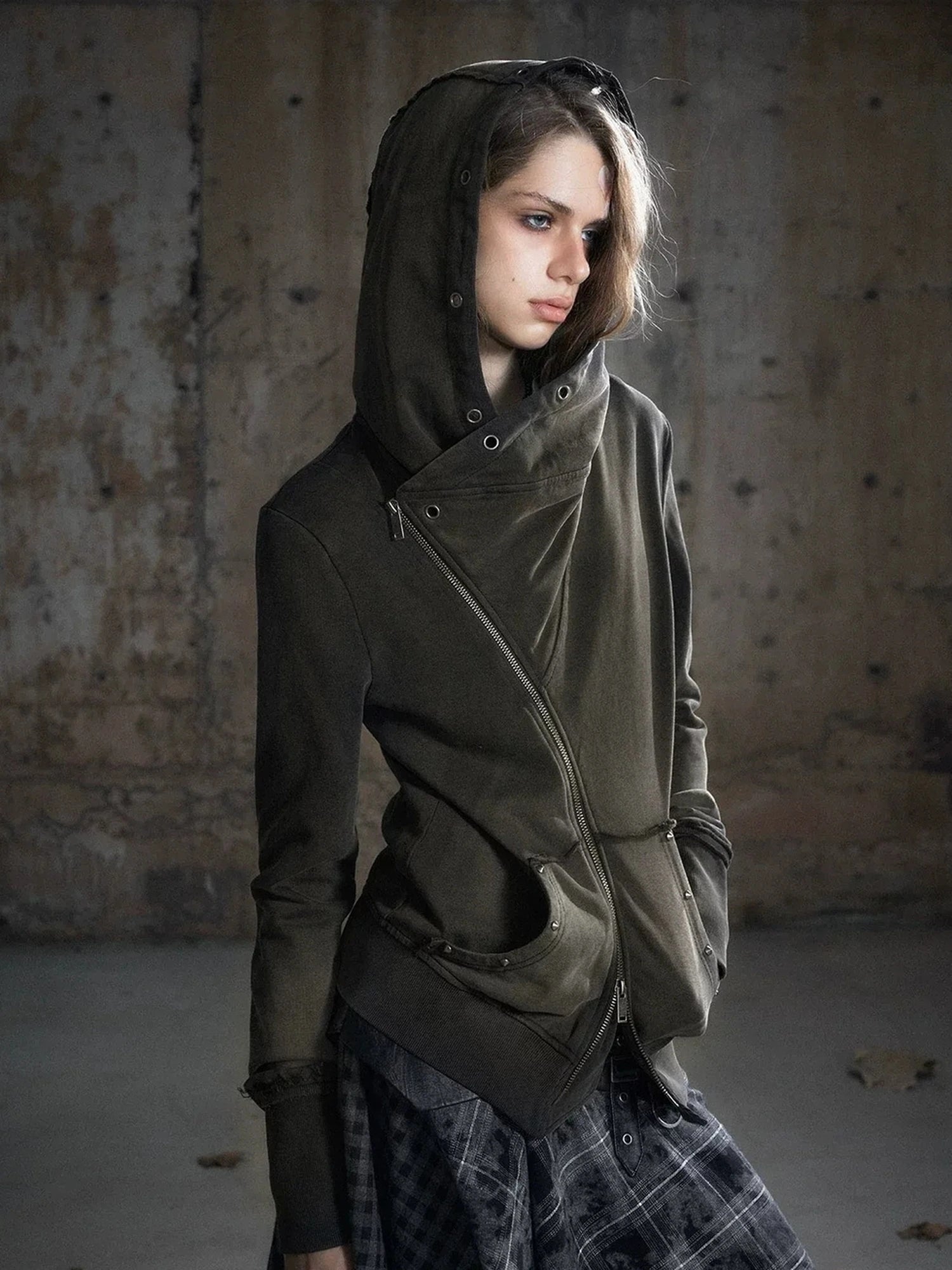 Chinese Clothing Cest Nous Update Deconstructed Washed Olive Asymmetrical Hooded Sweatshirt