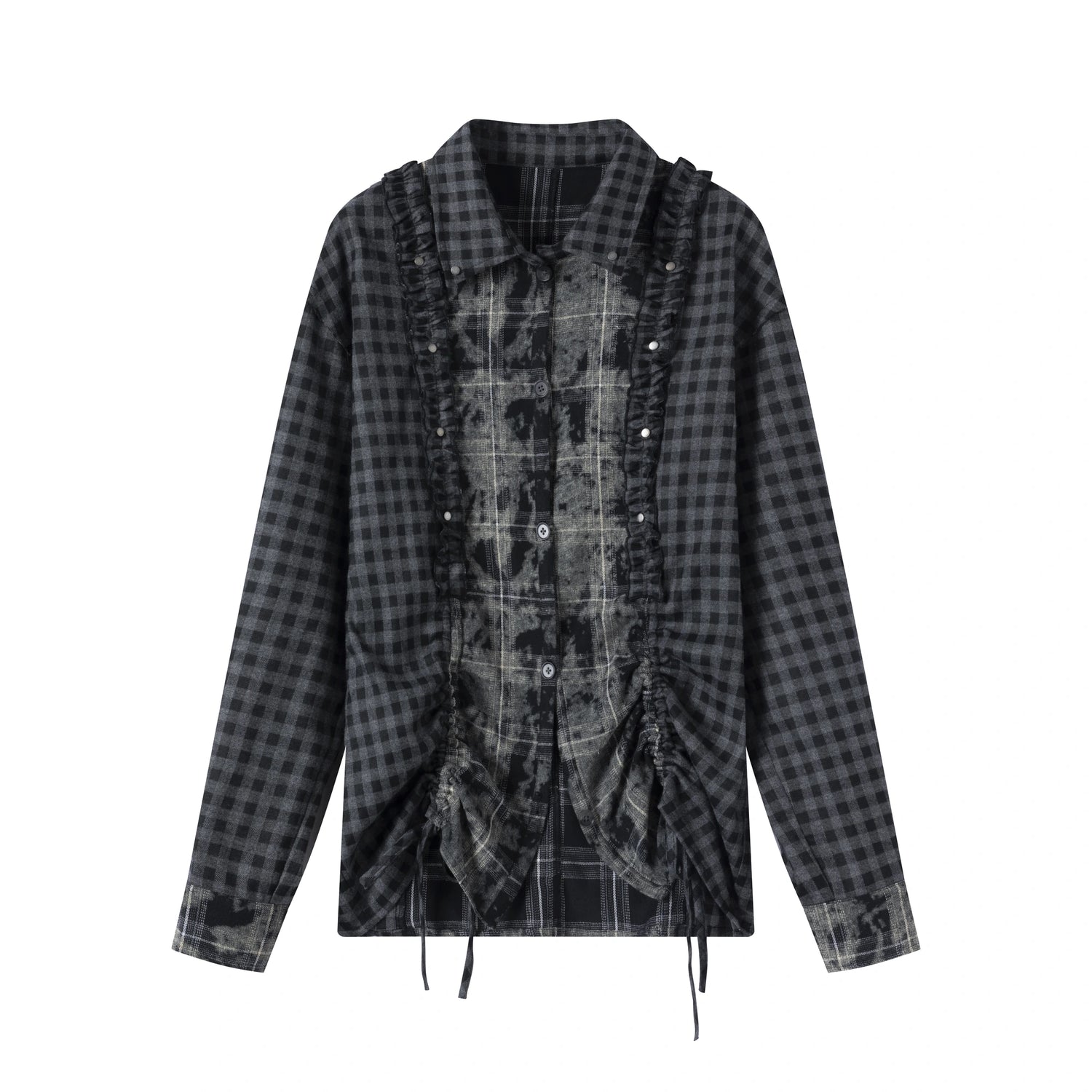 Chinese Clothing Cest Nous Update Distressed Check Shirt With Drawstring Ruffle MISSTT