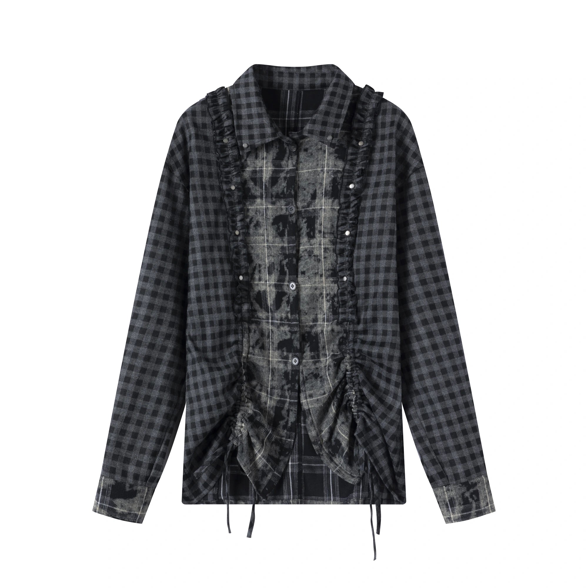 Chinese Clothing Cest Nous Update Distressed Check Shirt With Drawstring Ruffle MISSTT