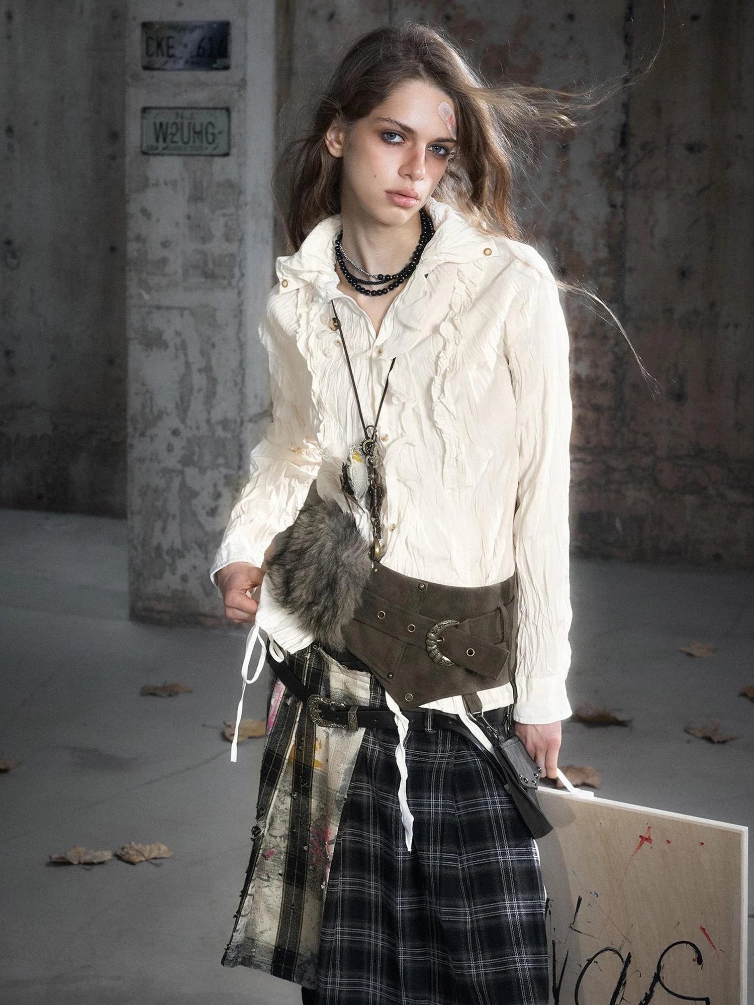 Chinese Clothing Cest Nous Update Distressed Check Shirt With Drawstring Ruffle