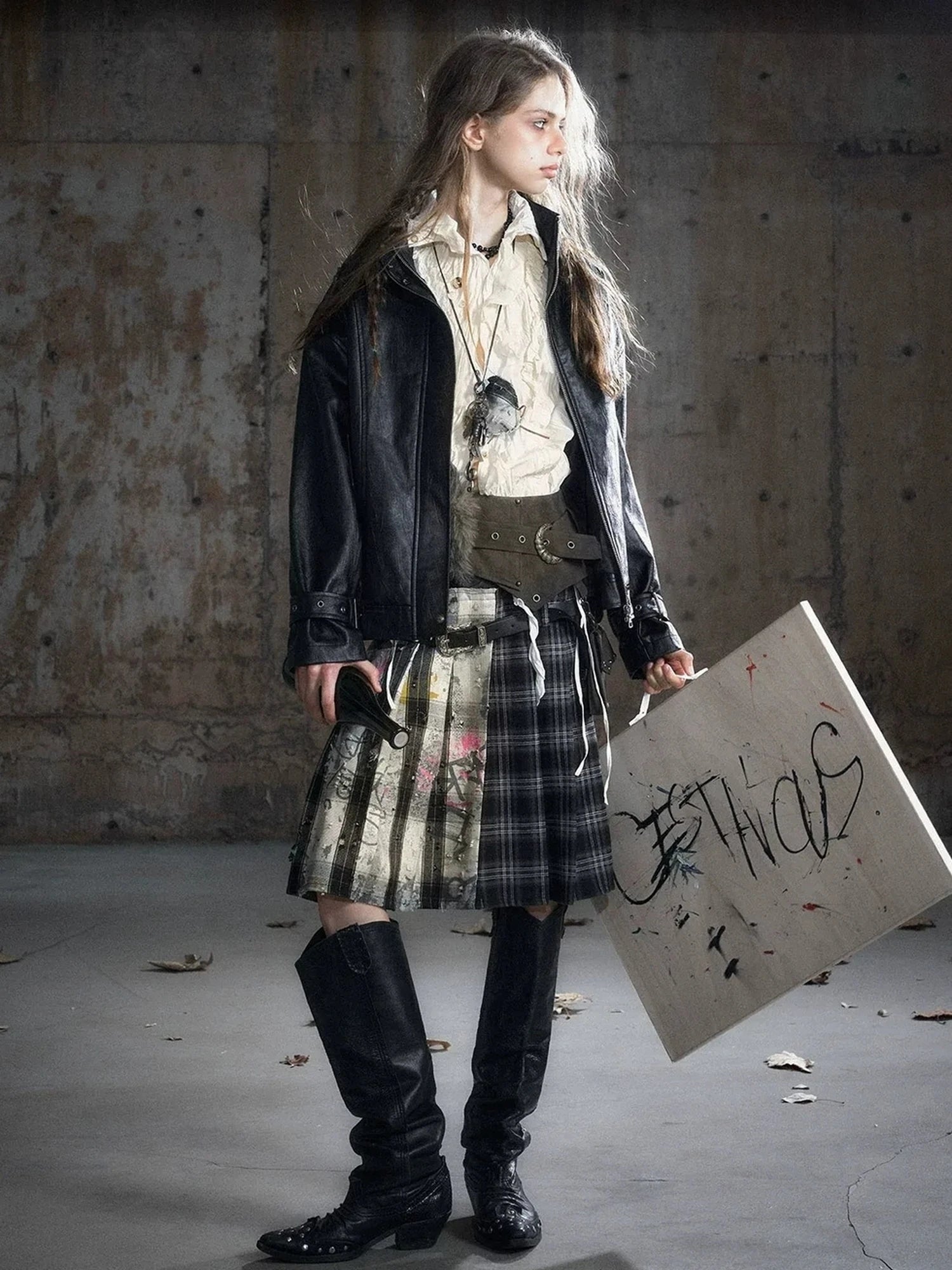 Chinese Clothing Cest Nous Update Distressed Check Shirt With Drawstring Ruffle