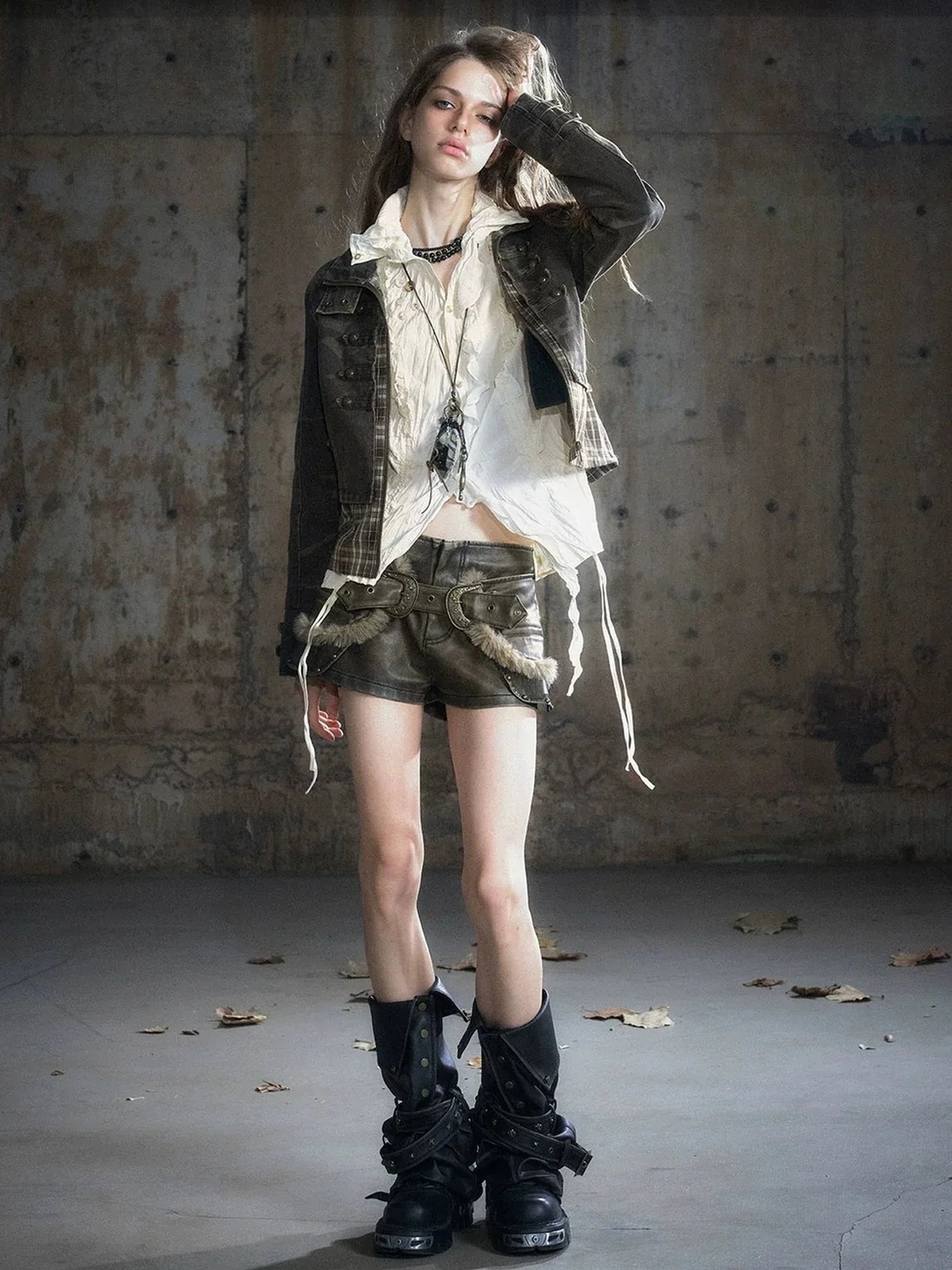 Chinese Clothing Cest Nous Update Distressed Check Shirt With Drawstring Ruffle